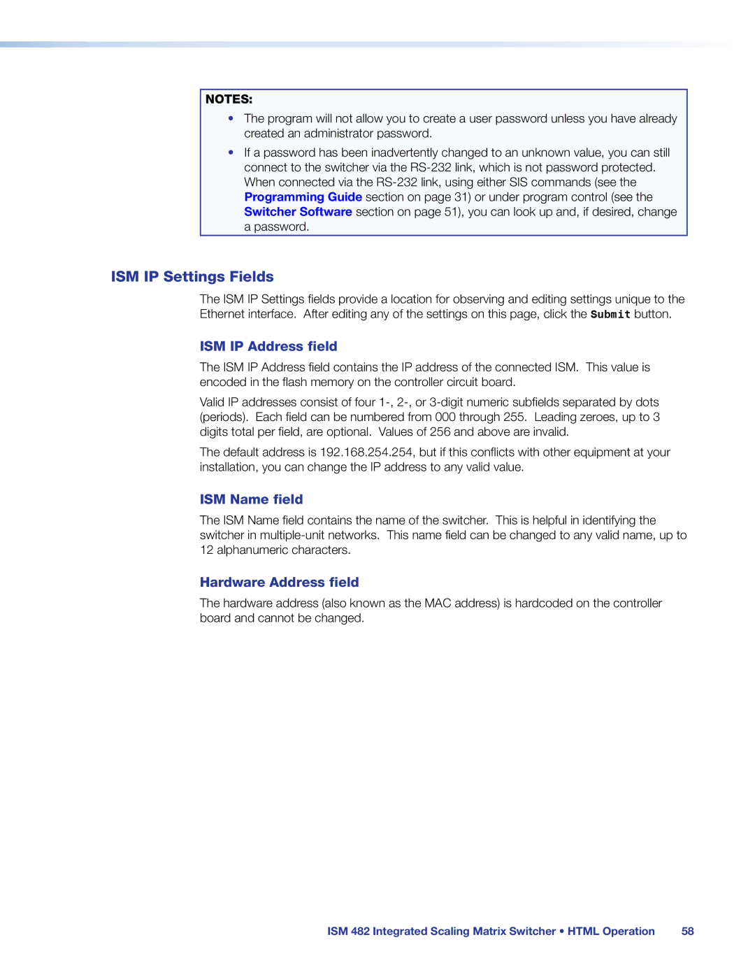 Extron electronic ISM 482 manual ISM IP Settings Fields, ISM IP Address field, ISM Name field, Hardware Address field 