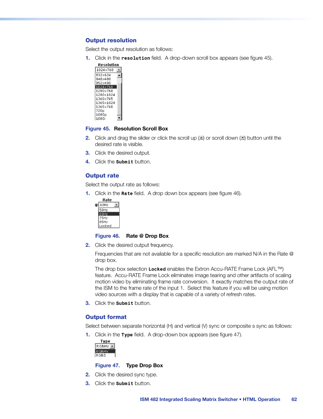 Extron electronic ISM 482 manual Output resolution, Output rate, Output format 