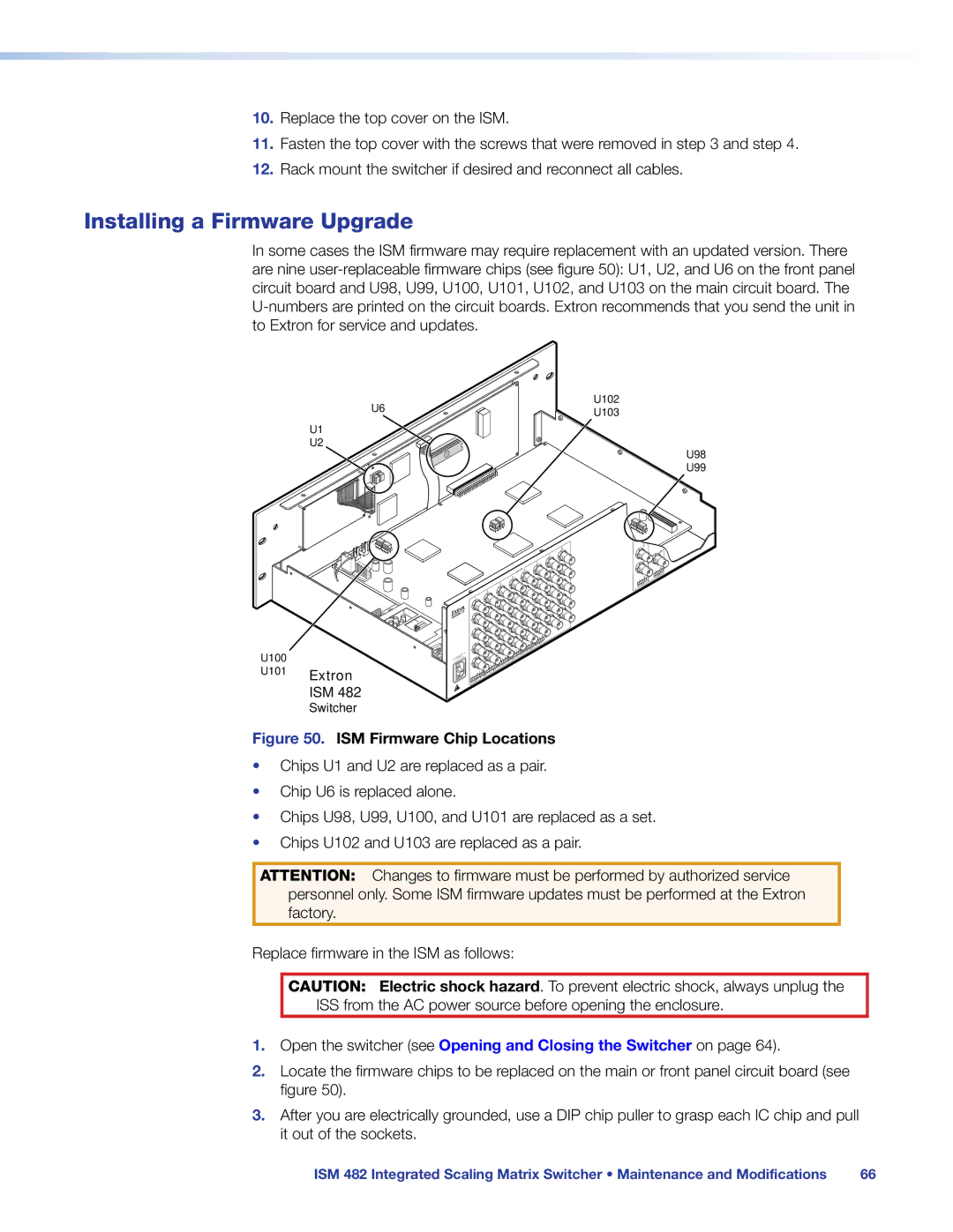 Extron electronic ISM 482 manual Installing a Firmware Upgrade, ISM Firmware Chip Locations 