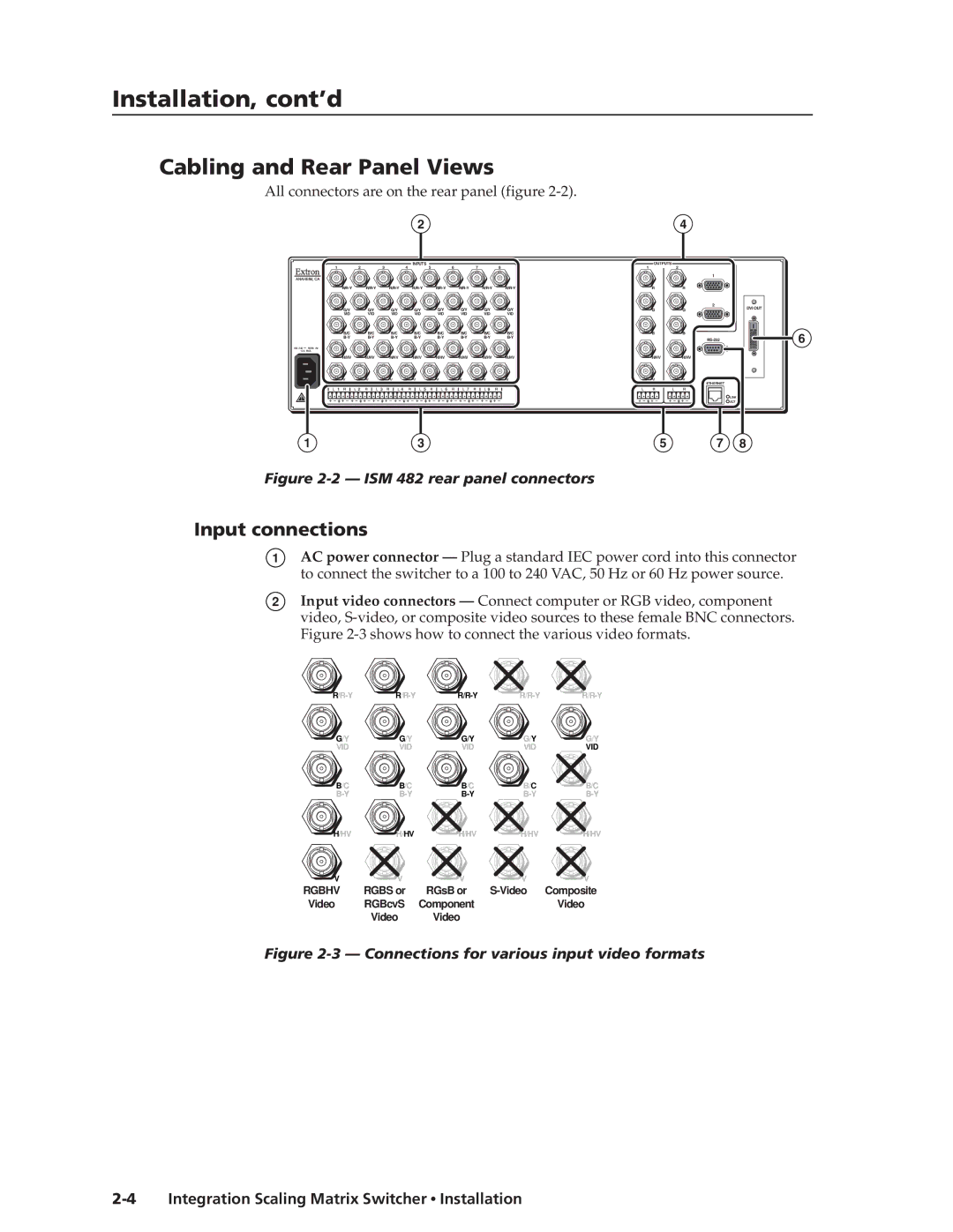 Extron electronic ISM 482 manual Installation, cont’d, Cabling and Rear Panel Views, Input connections 