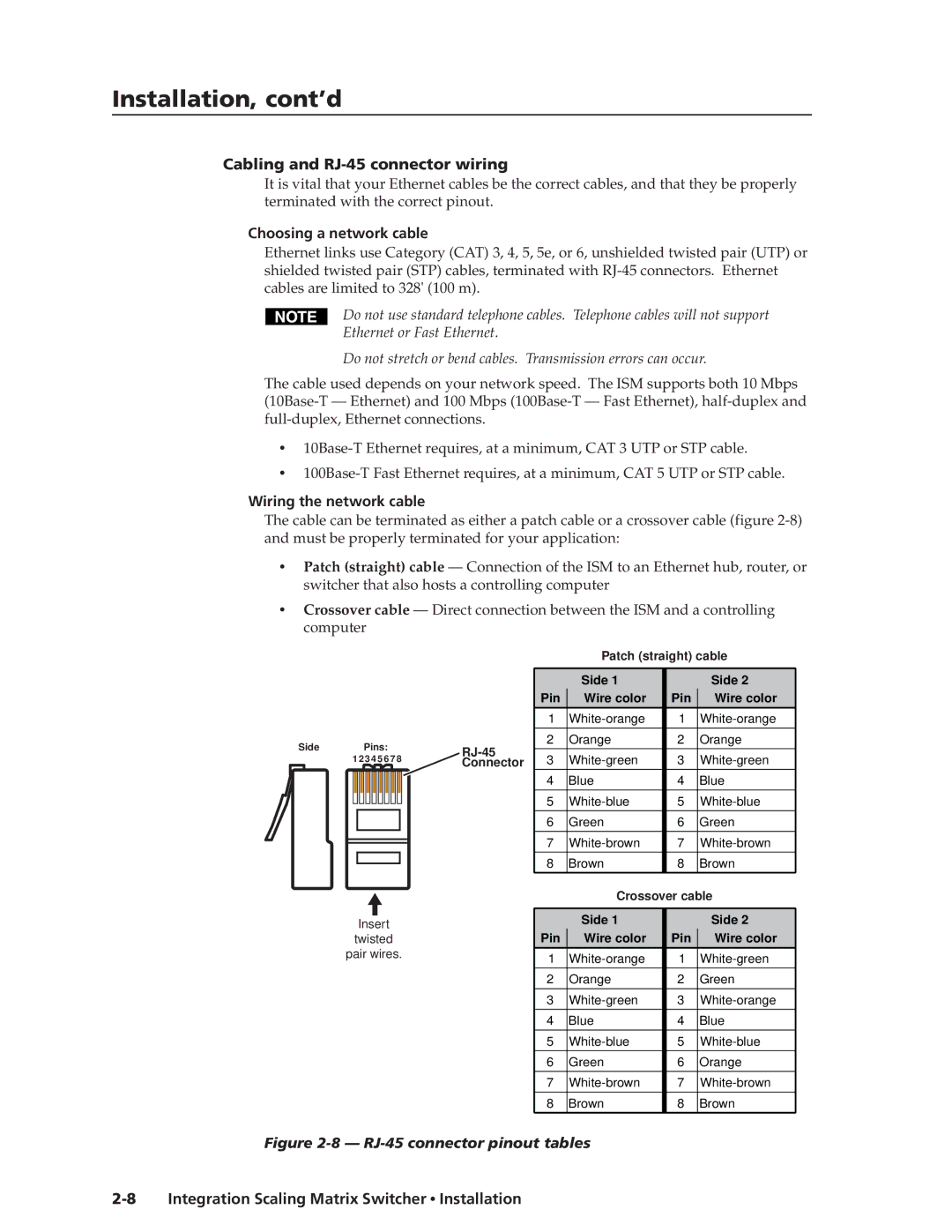 Extron electronic ISM 482 manual Cabling and RJ-45 connector wiring, Choosing a network cable, Wiring the network cable 