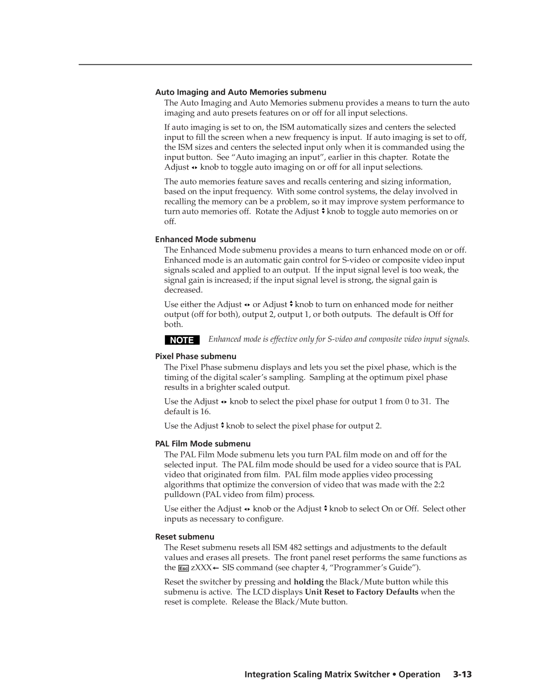Extron electronic ISM 482 manual Auto Imaging and Auto Memories submenu, Enhanced Mode submenu, Pixel Phase submenu 