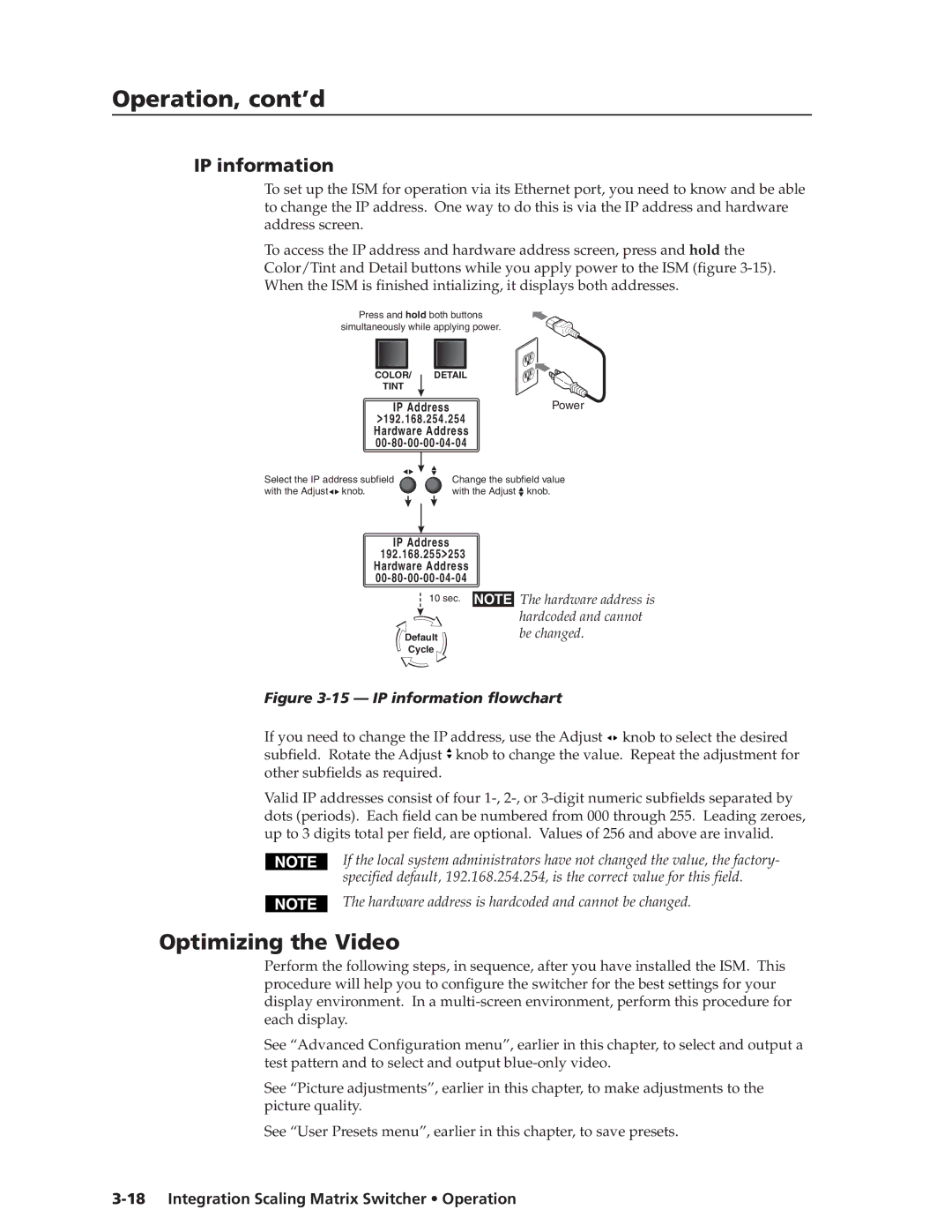 Extron electronic ISM 482 manual Optimizing the Video, IP information 