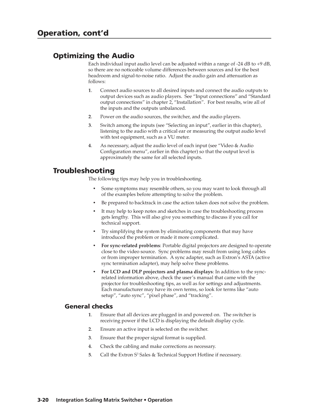 Extron electronic ISM 482 manual Optimizing the Audio, Troubleshooting, General checks 