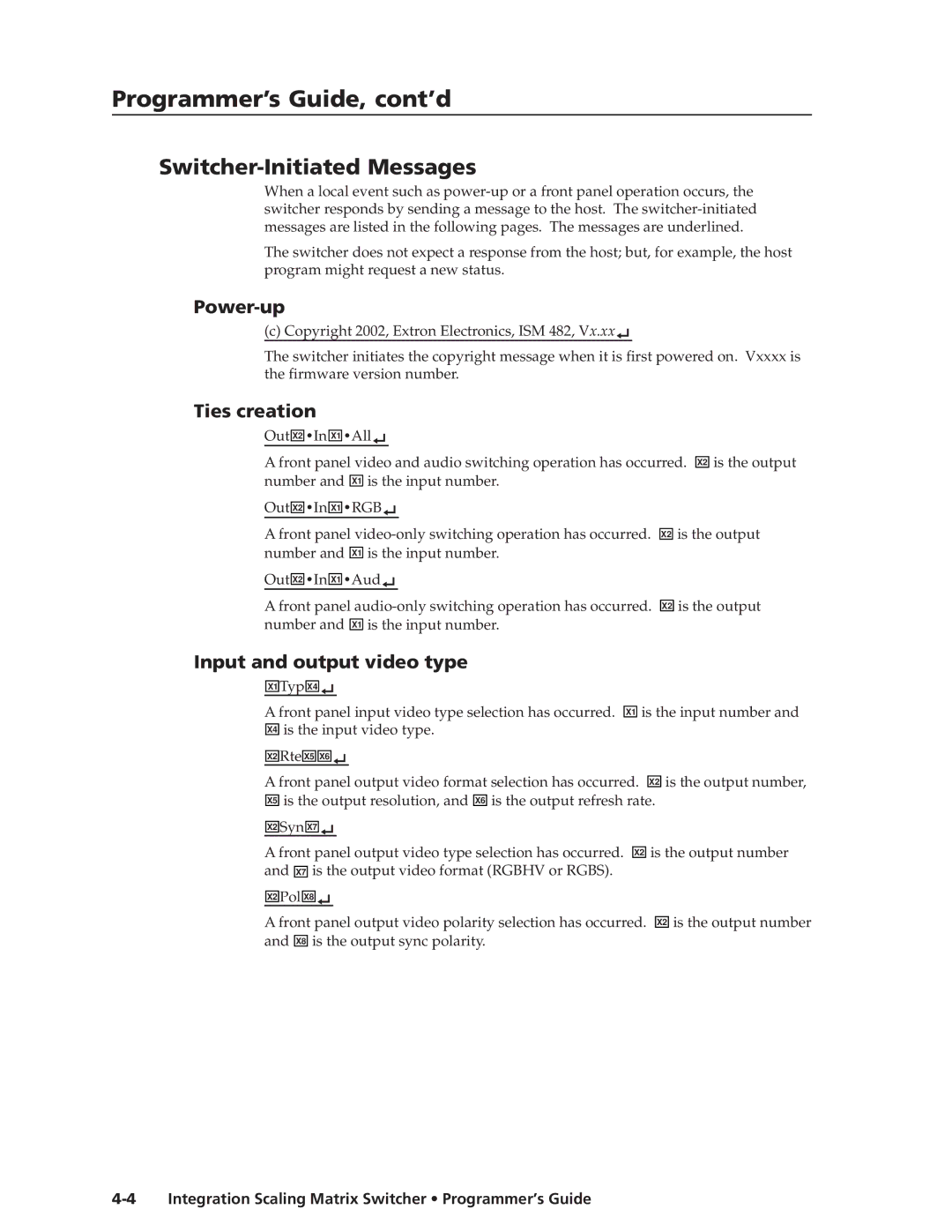 Extron electronic ISM 482 manual Programmer’s Guide, cont’d, Switcher-Initiated Messages, Power-up, Ties creation 