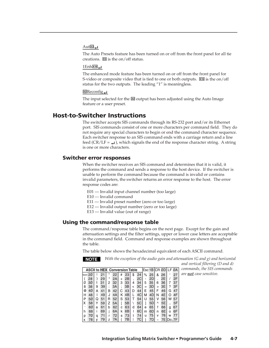 Extron electronic ISM 482 manual Host-to-Switcher Instructions, Switcher error responses, Using the command/response table 