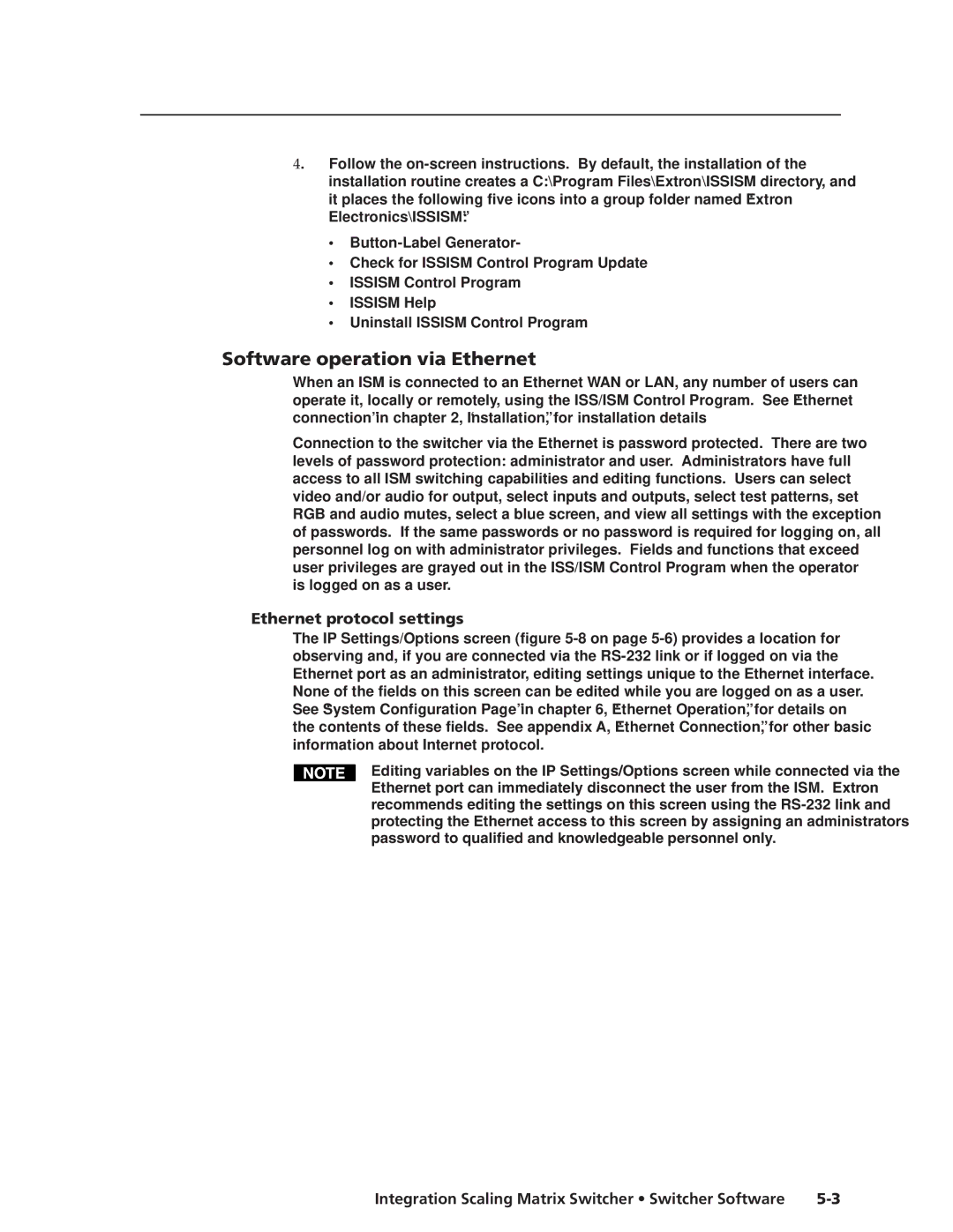 Extron electronic ISM 482 manual Software operation via Ethernet, Ethernet protocol settings 