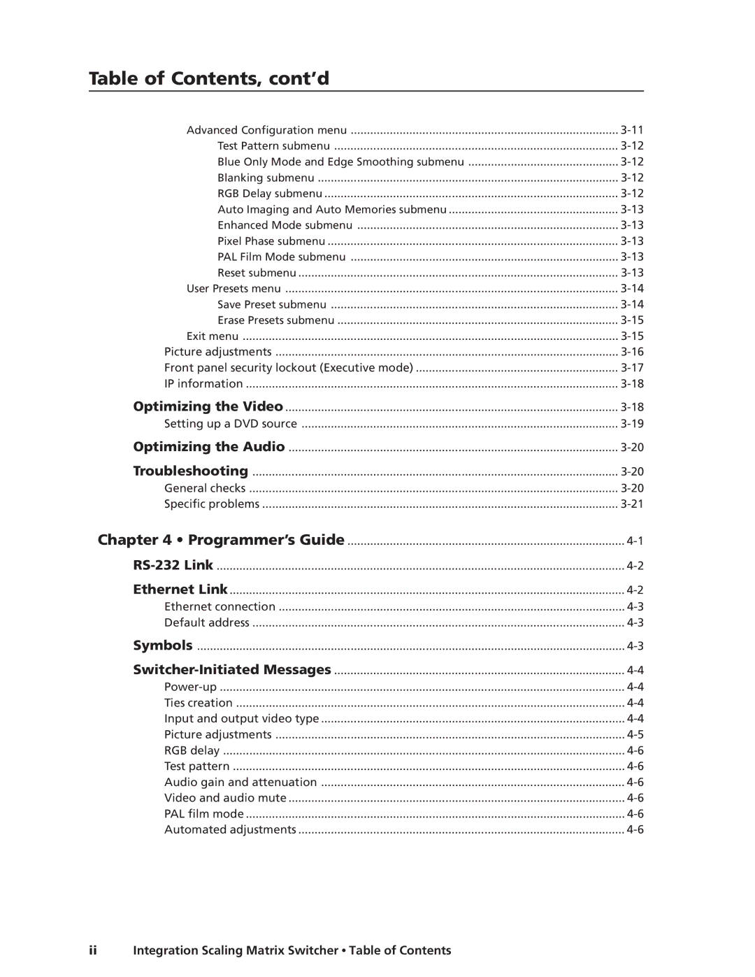 Extron electronic ISM 482 manual Table of Contents, cont’d 