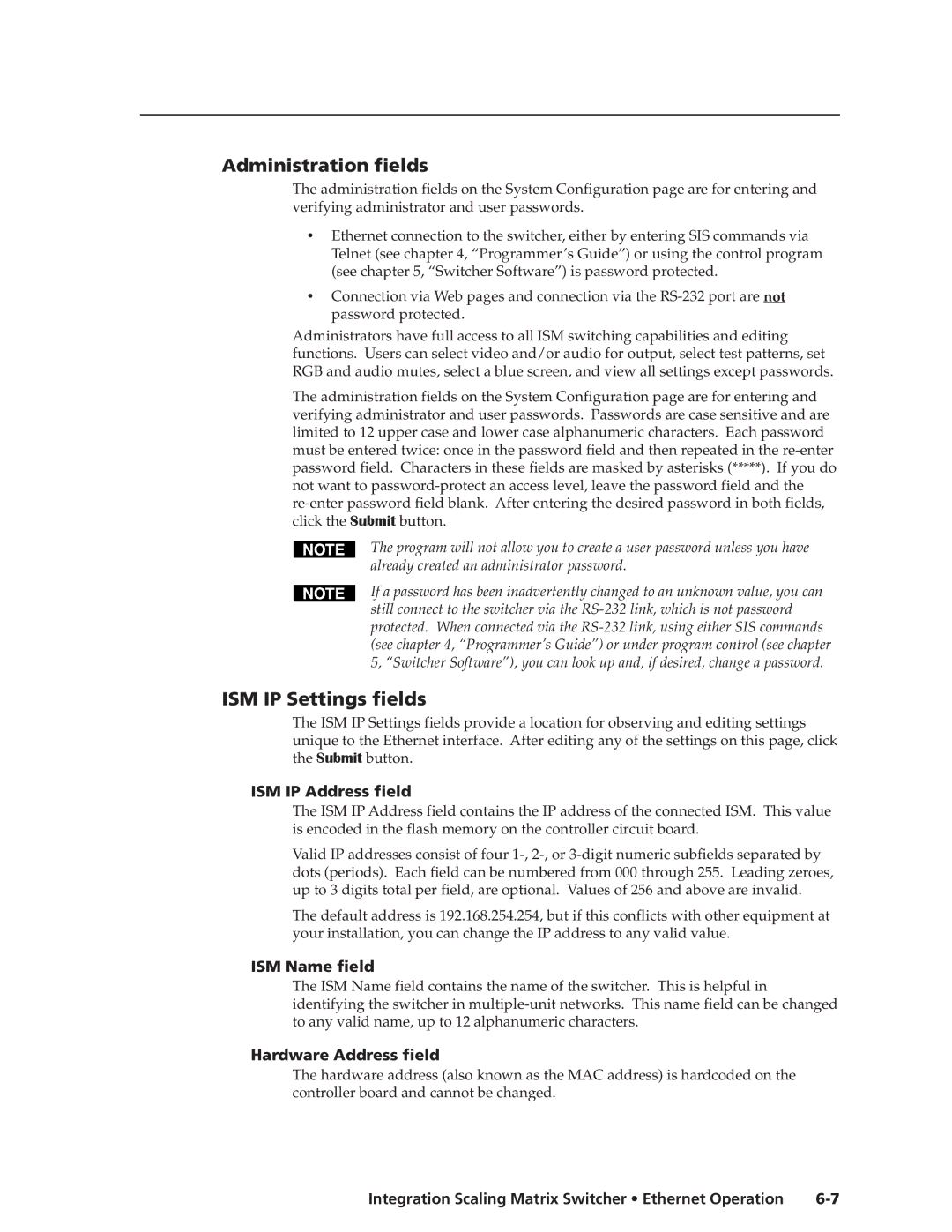 Extron electronic ISM 482 manual Administration fields, ISM IP Settings fields, ISM IP Address field, ISM Name field 