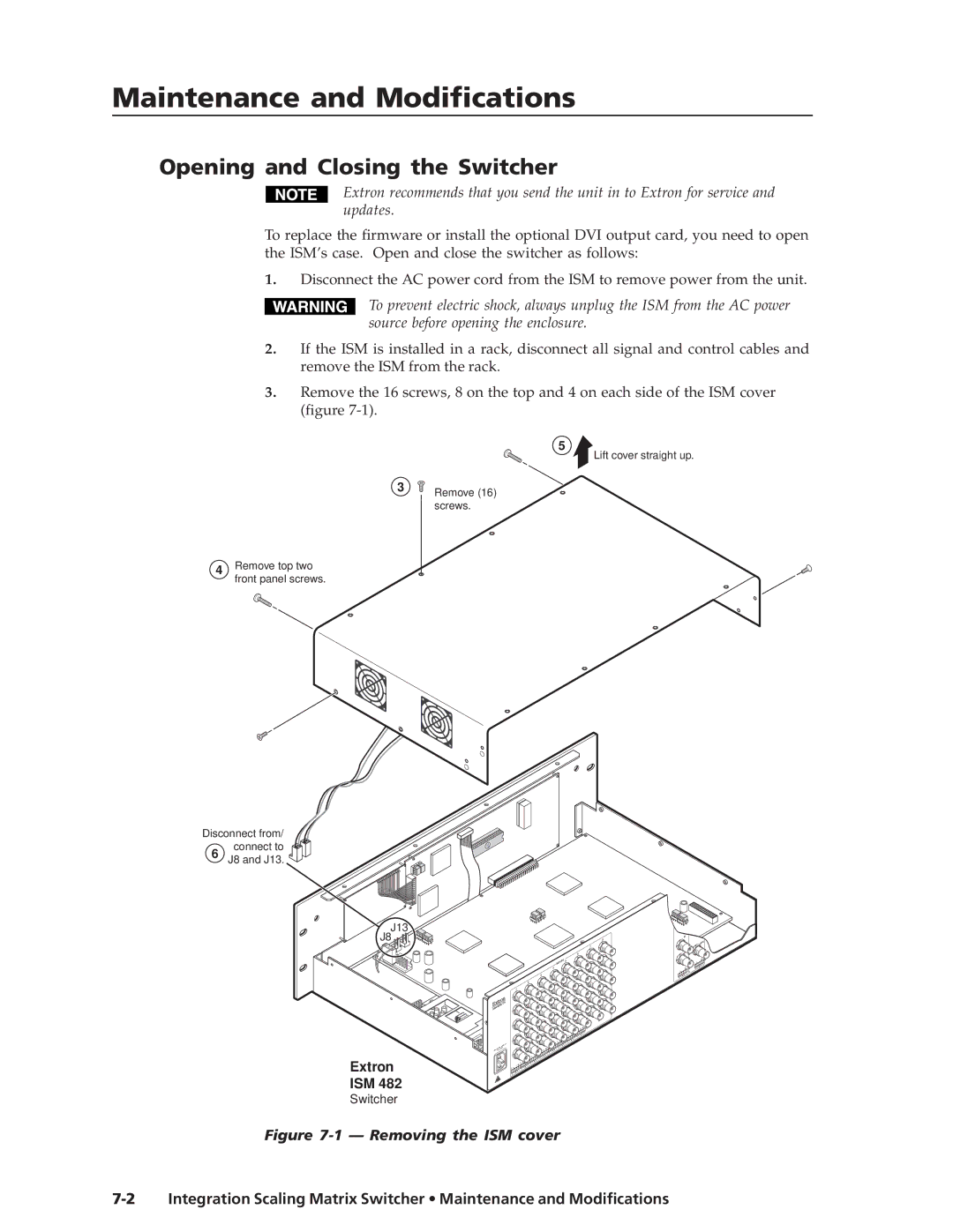 Extron electronic ISM 482 manual Maintenance and Modifications, Opening and Closing the Switcher 