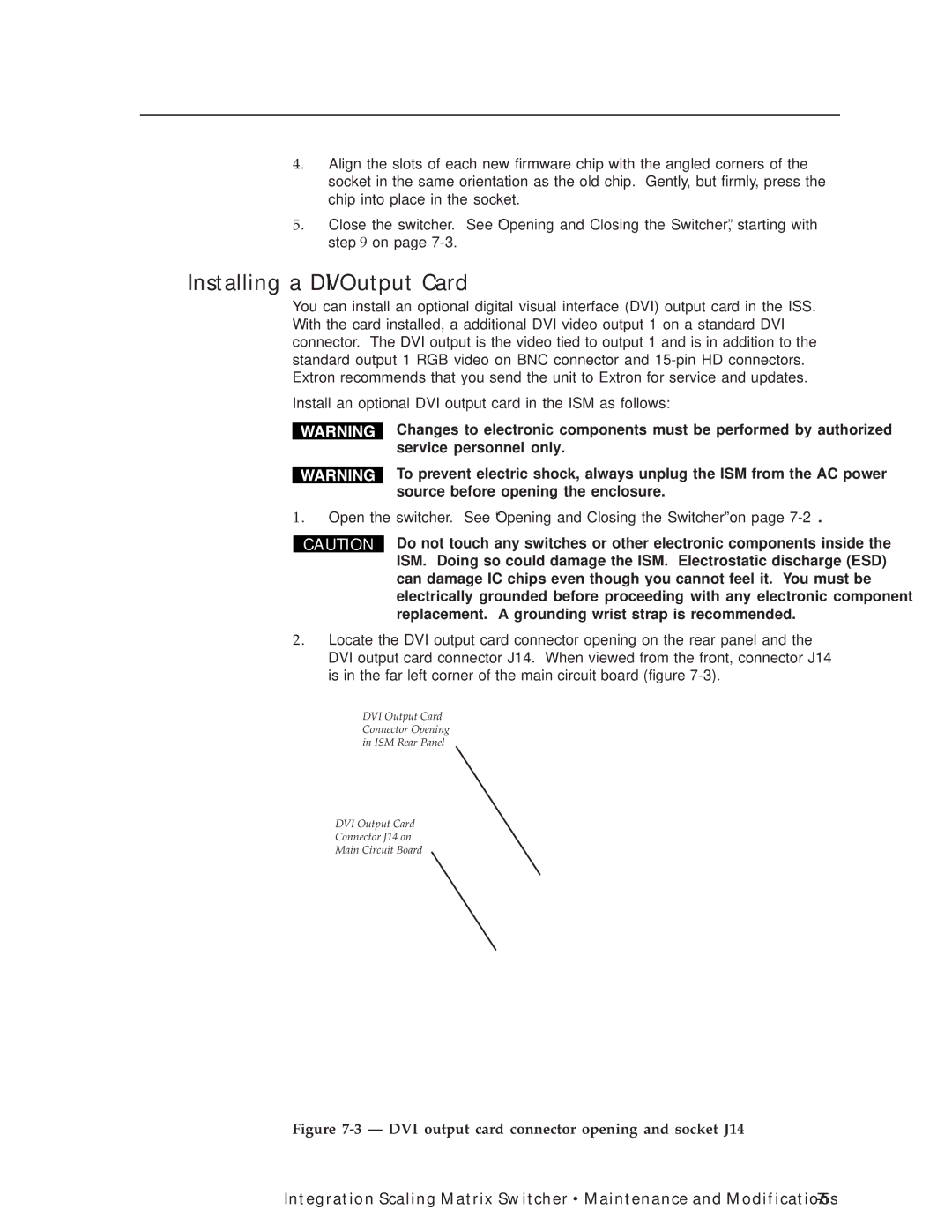 Extron electronic ISM 482 manual Installing a DVI Output Card, DVI output card connector opening and socket J14 
