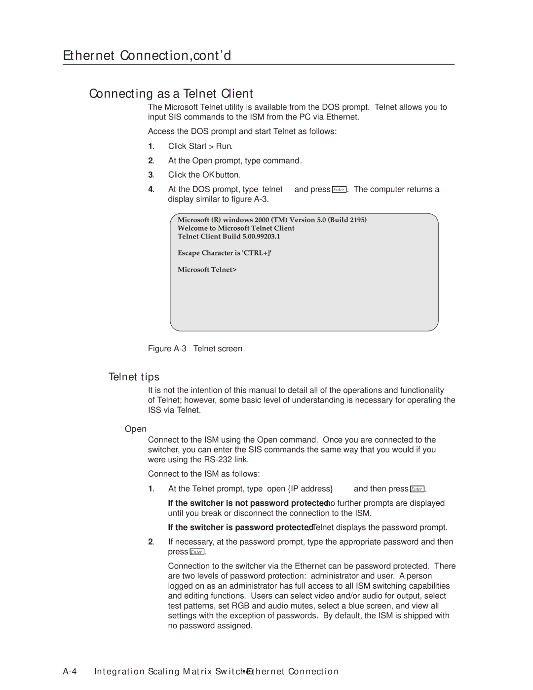 Extron electronic ISM 482 manual Ethernet Connection, cont’d, Connecting as a Telnet Client, Telnet tips, Open 