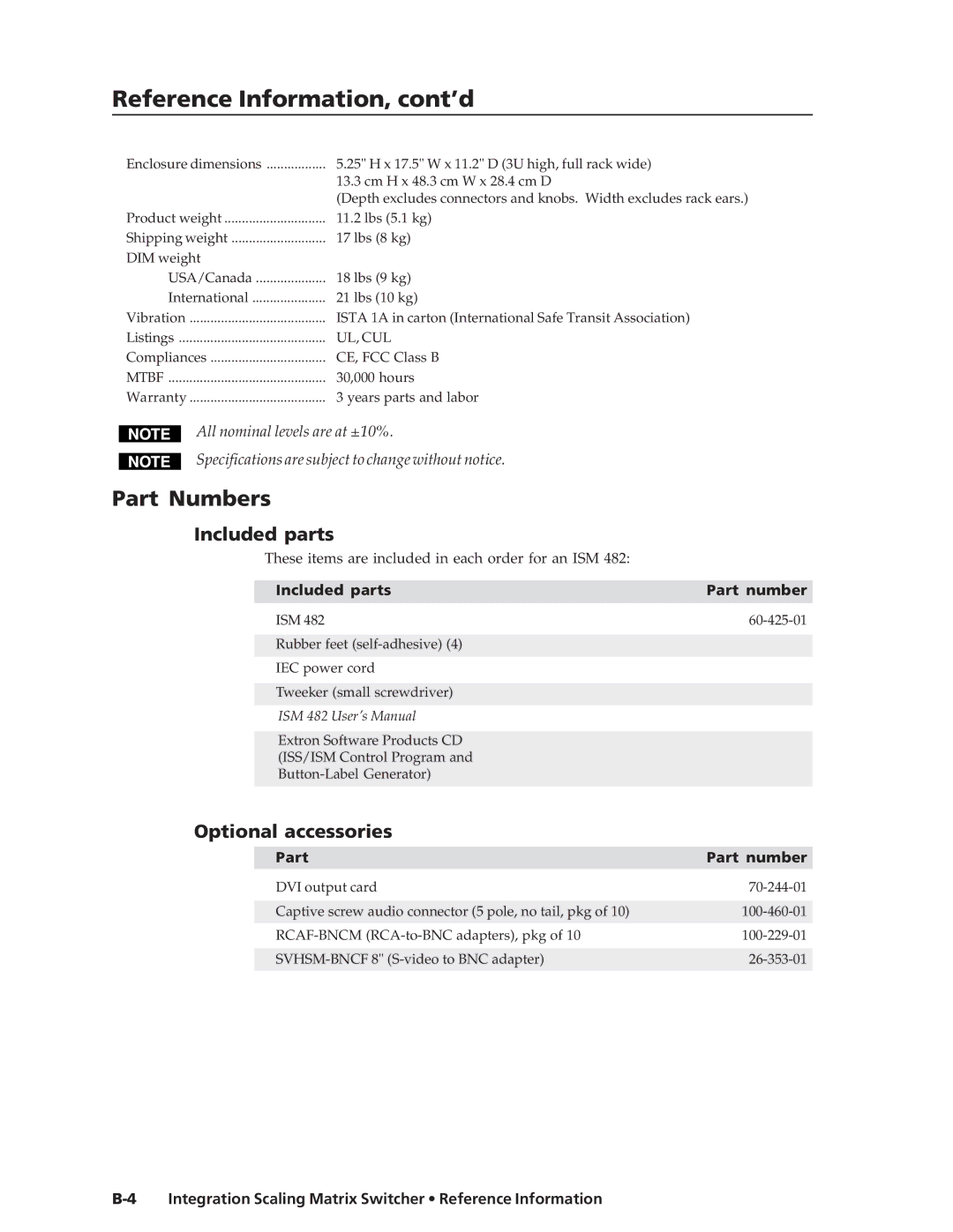 Extron electronic ISM 482 manual Reference Information, cont’d 