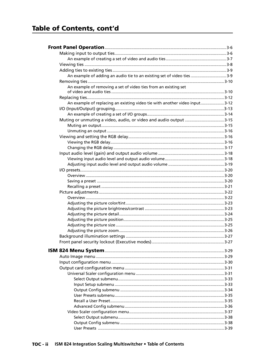 Extron electronic ISM 824 manual Table of Contents, cont’d 