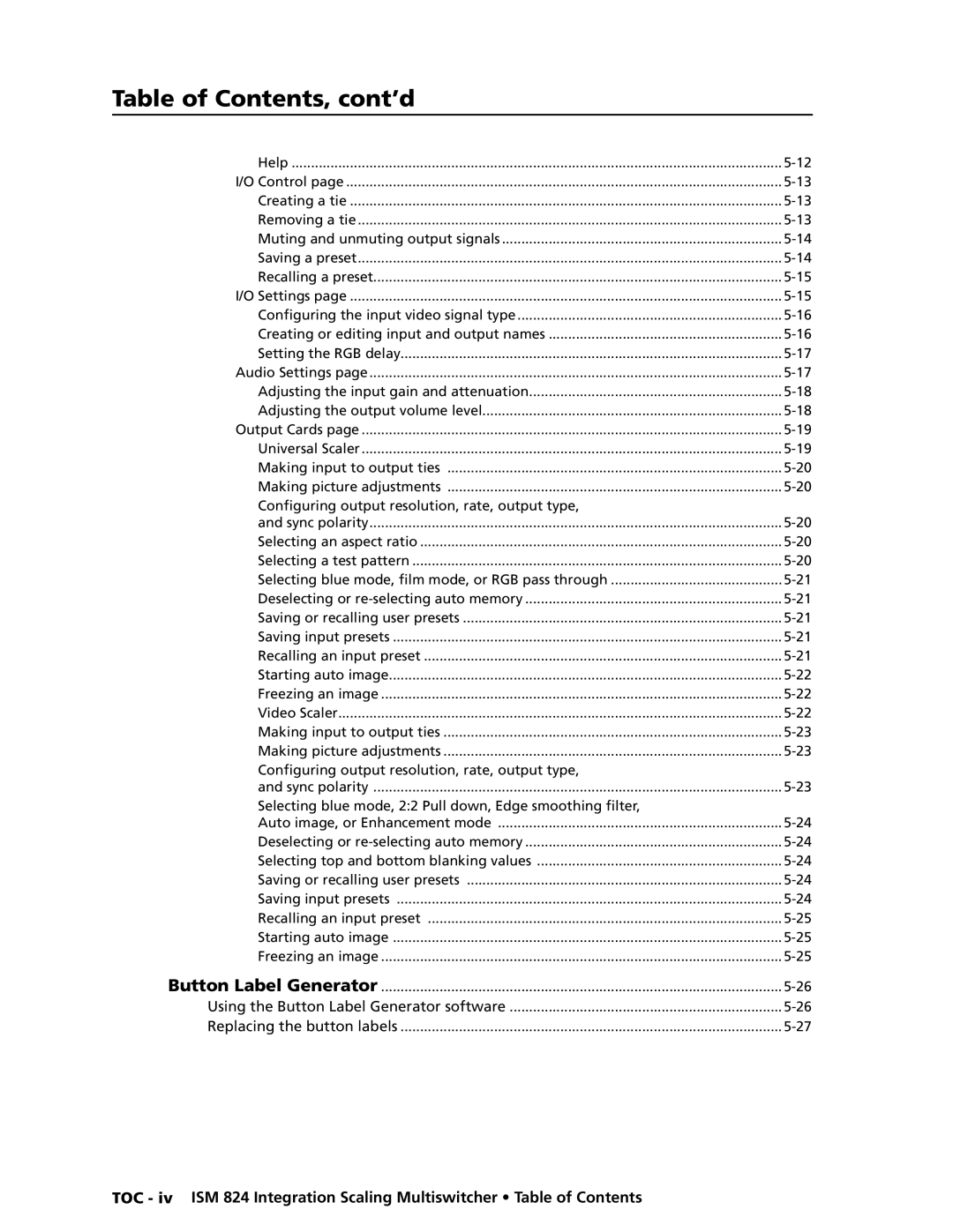 Extron electronic ISM 824 manual Table of Contents, cont’d 