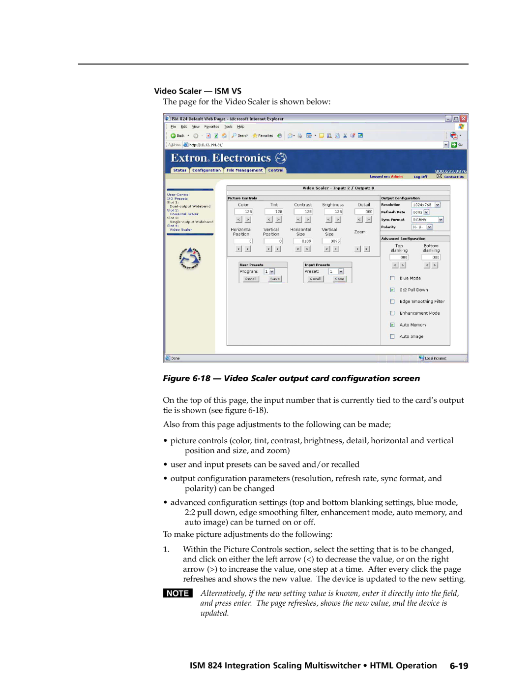 Extron electronic ISM 824 manual Video Scaler ISM VS, For the Video Scaler is shown below 