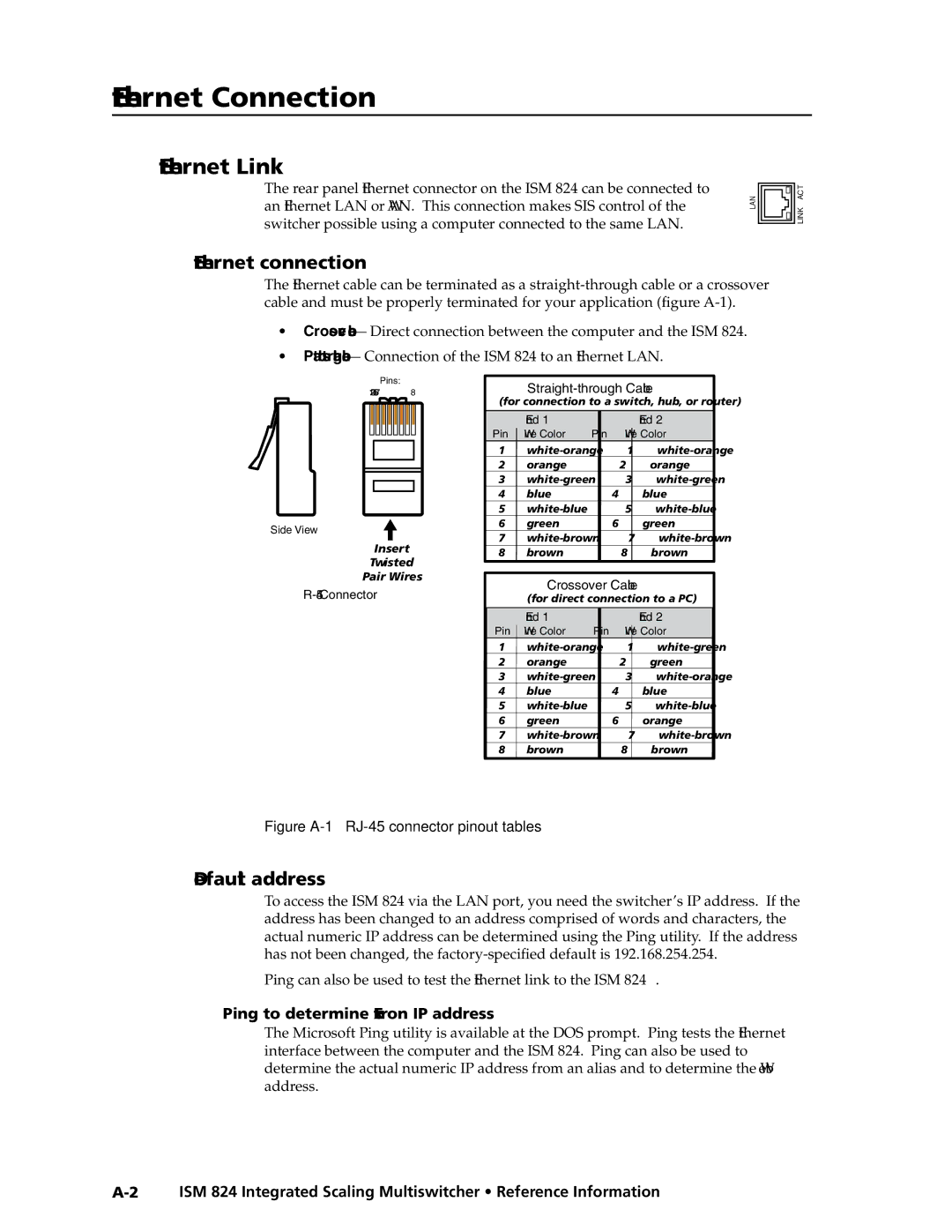 Extron electronic ISM 824 manual Ethernet Connection, Ping to determine Extron IP address 