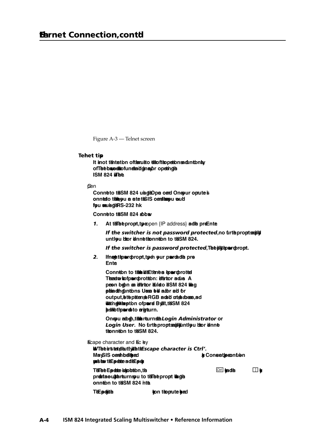 Extron electronic ISM 824 manual Ethernet Connection, cont’d, Telnet tips, Open, Escape character and Esc key 