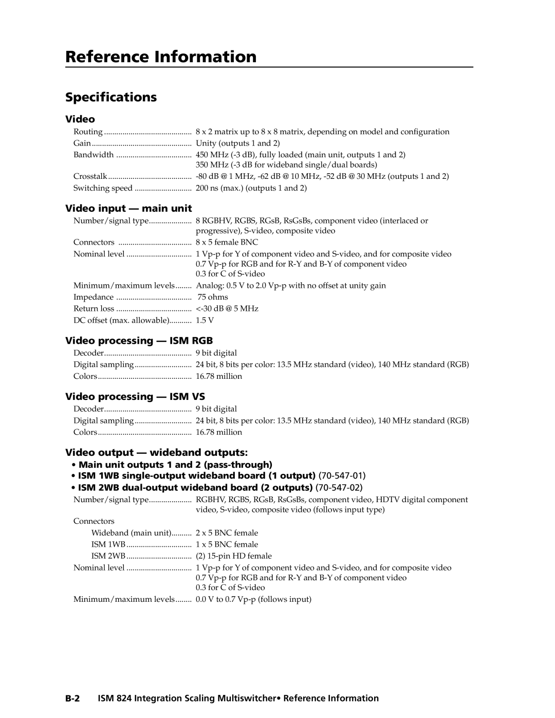 Extron electronic ISM 824 manual ReferenceInformation,co t’d, Specifications 