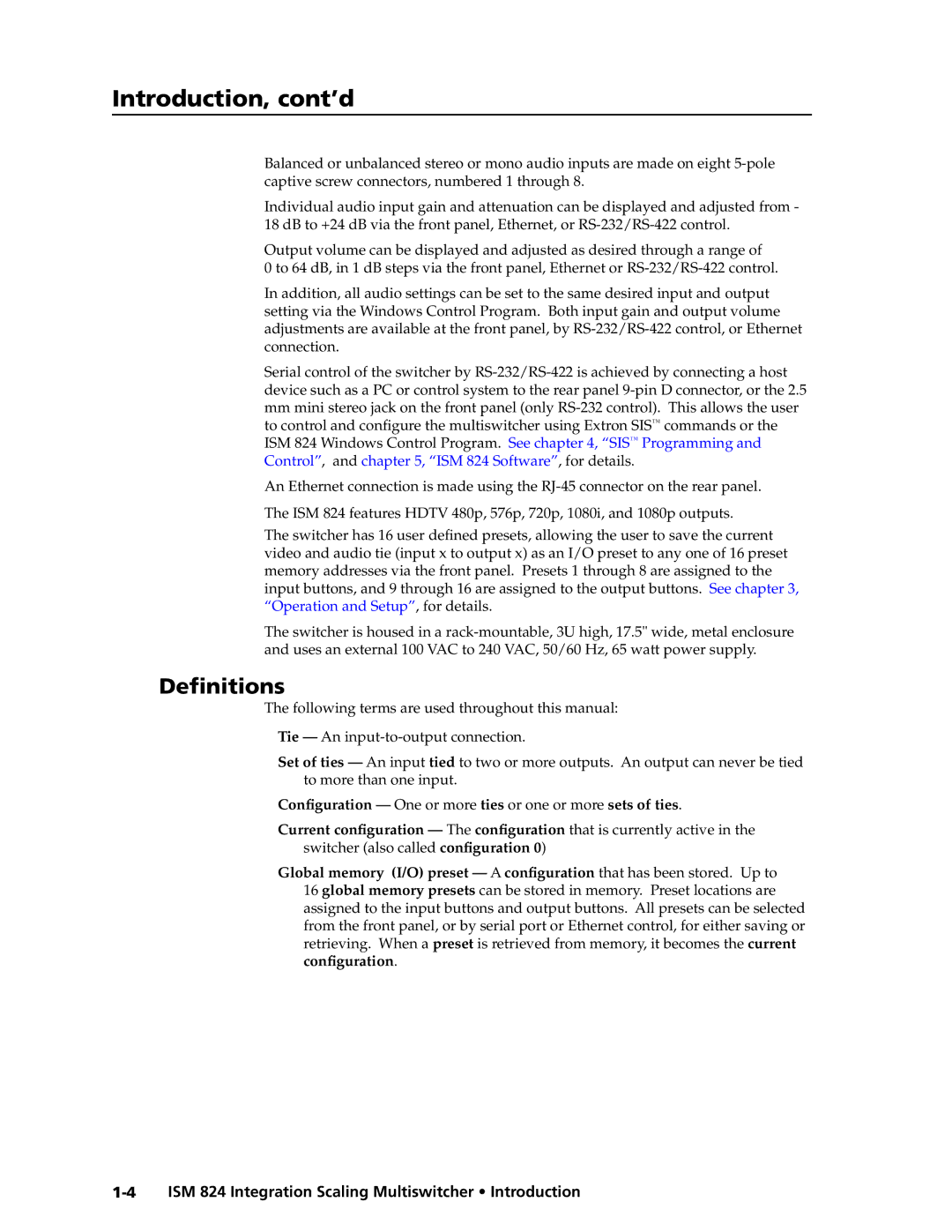 Extron electronic ISM 824 manual Introduction, cont’d, Definitions 