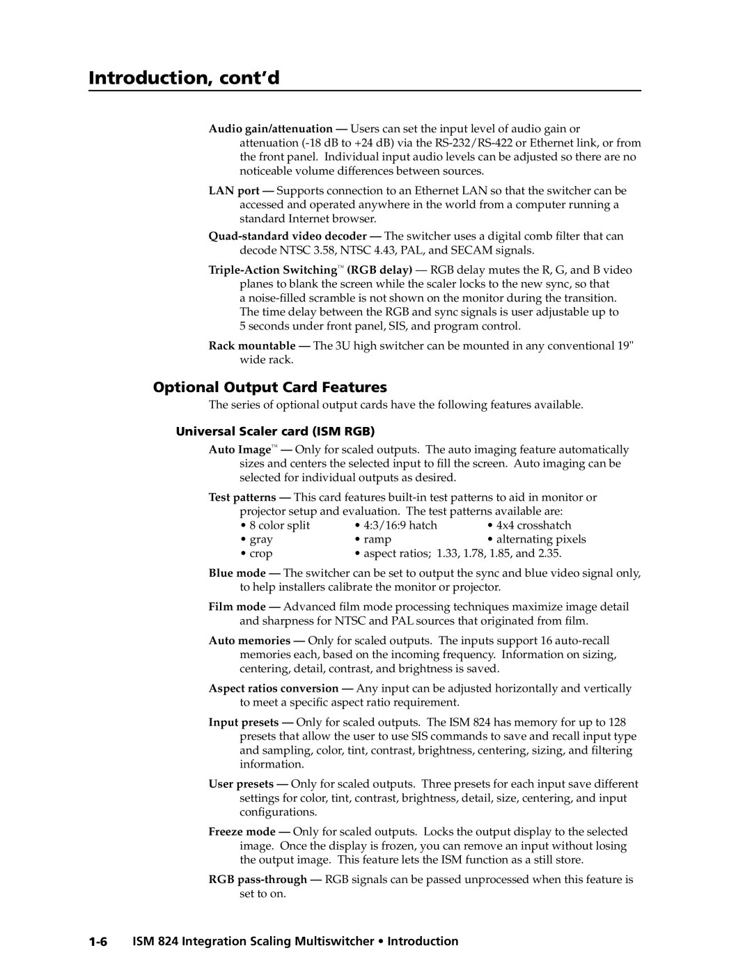 Extron electronic ISM 824 manual Optional Output Card Features, Universal Scaler card ISM RGB 
