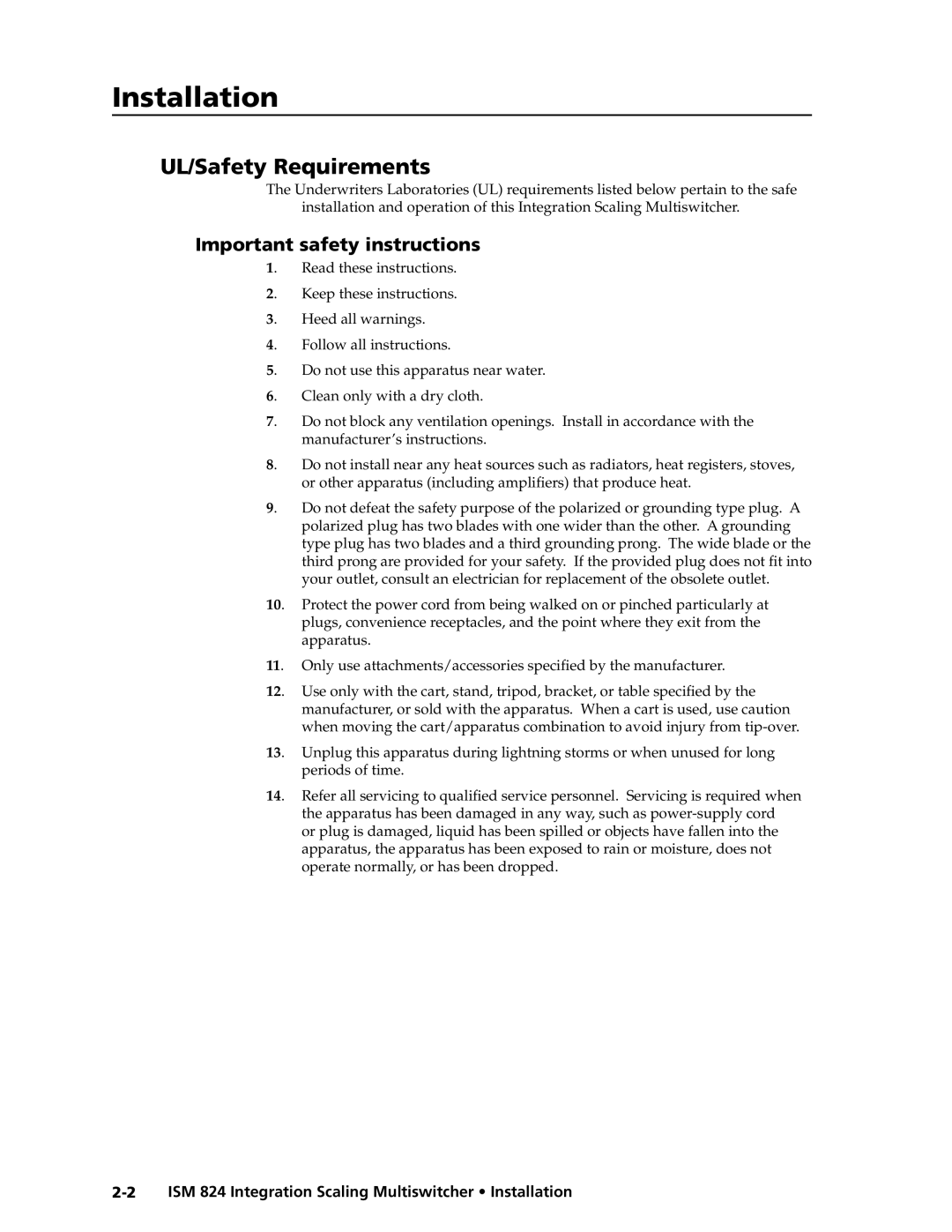 Extron electronic ISM 824 manual Installationstallation, cont’d, UL/Safety Requirements, Important safety instructions 