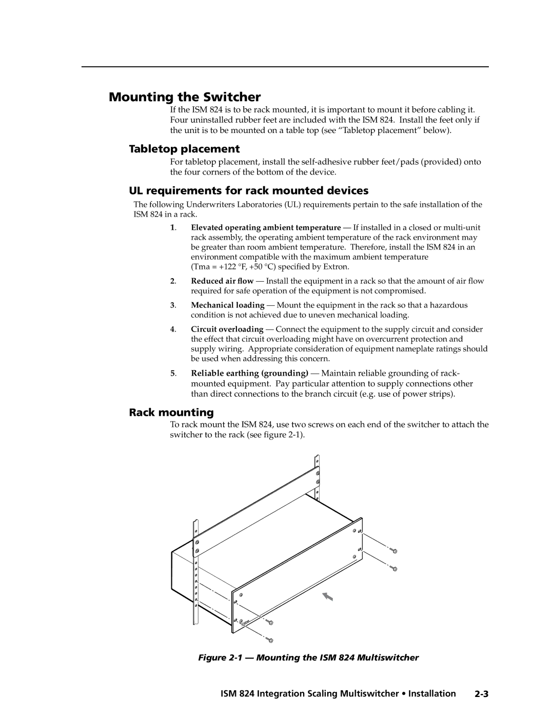 Extron electronic ISM 824 manual Mounting the Switcher, Tabletop placement, UL requirements for rack mounted devices 