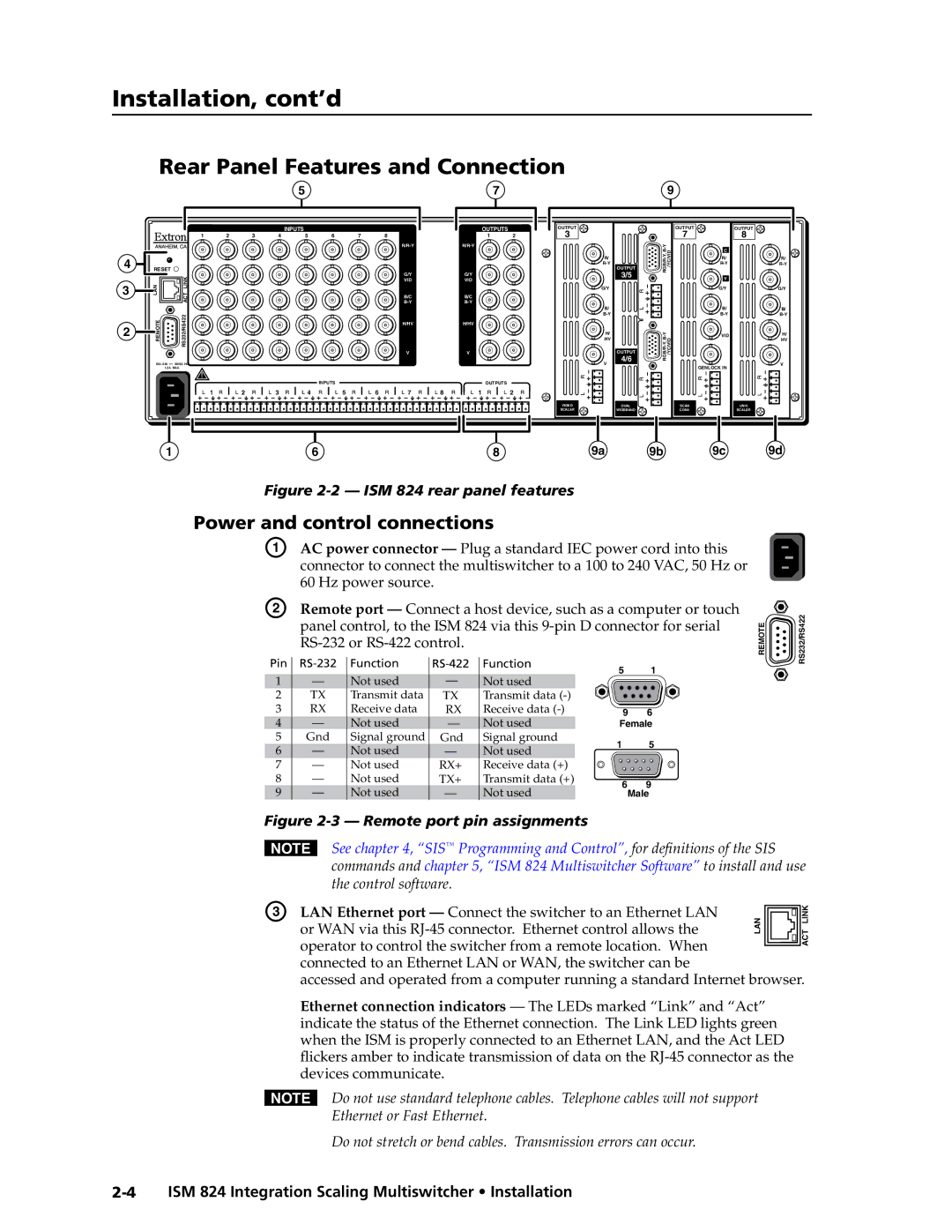 Extron electronic ISM 824 manual Installation, cont’d, Rear Panel Features and Connection, Power and control connections 