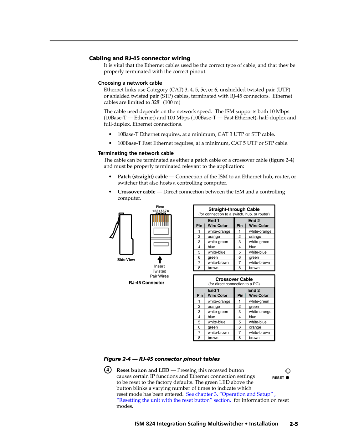 Extron electronic ISM 824 Cabling and RJ-45 connector wiring, Choosing a network cable, Terminating the network cable 