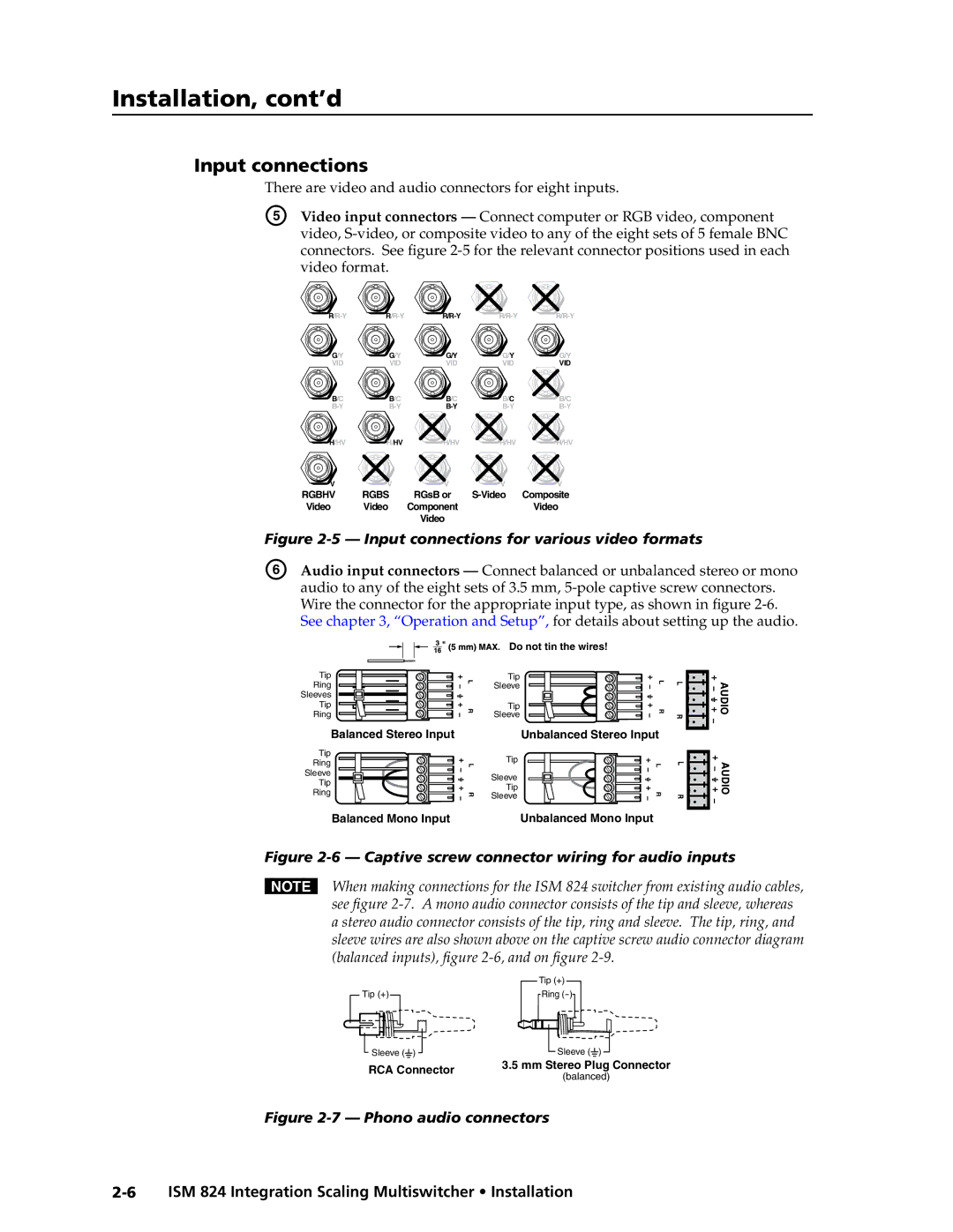 Extron electronic ISM 824 manual Input connections for various video formats 