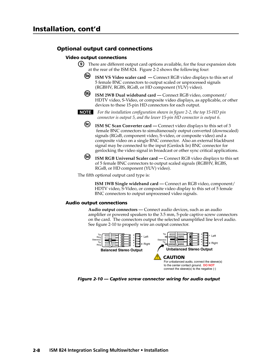 Extron electronic ISM 824 manual Optional output card connections, Video output connections, Audio output connections 