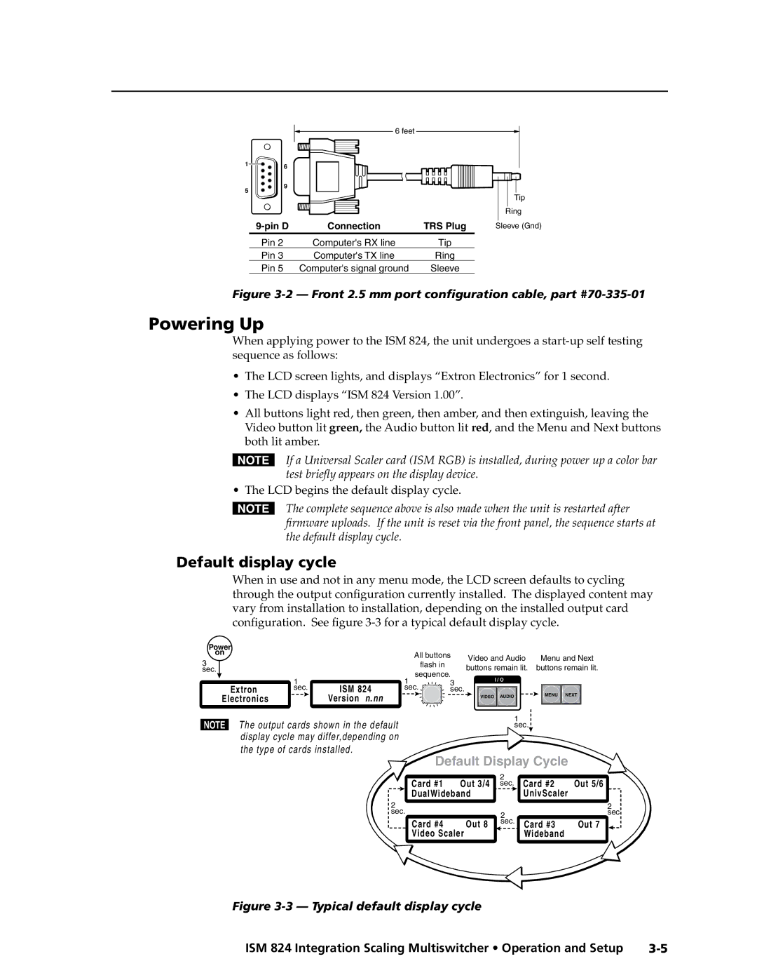 Extron electronic ISM 824 manual Powering Up, Default display cycle, LCD begins the default display cycle 