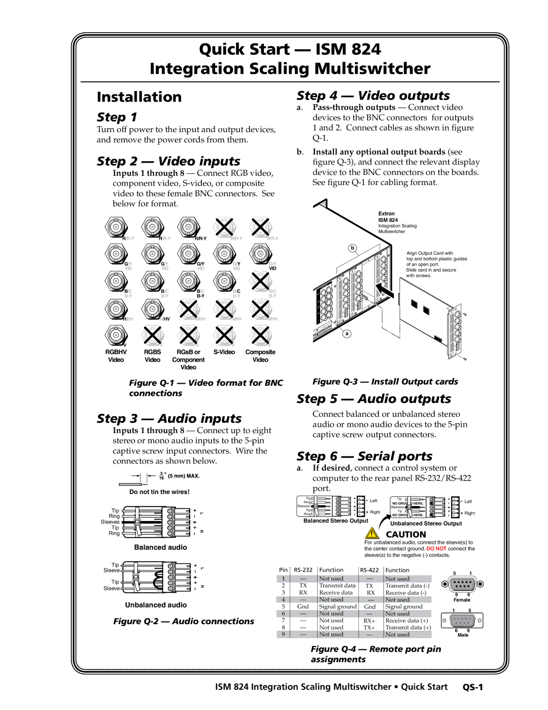 Extron electronic manual Pass-through outputs Connect video, ISM 824 Integration Scaling Multiswitcher Quick Start QS-1 