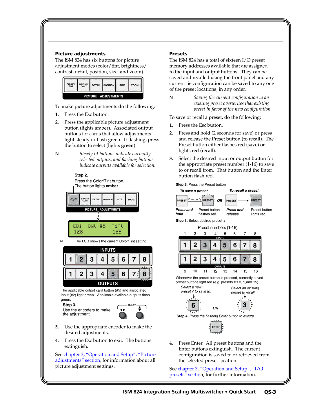 Extron electronic ISM 824 manual OUT #5, Picture adjustments, Press the Esc button, Presets 