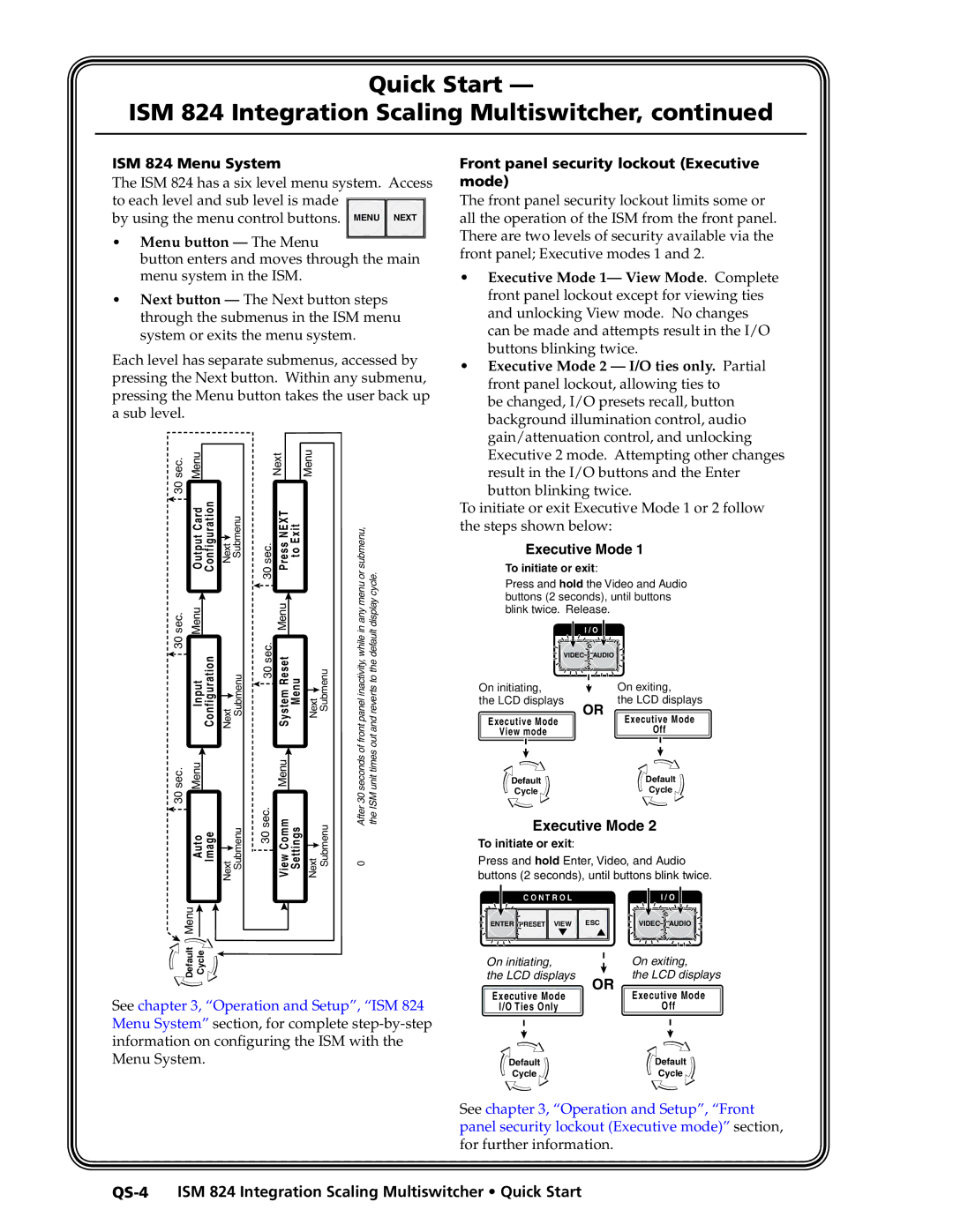 Extron electronic manual ISM 824 Menu System, Menu button The Menu, Front panel security lockout Executive mode 