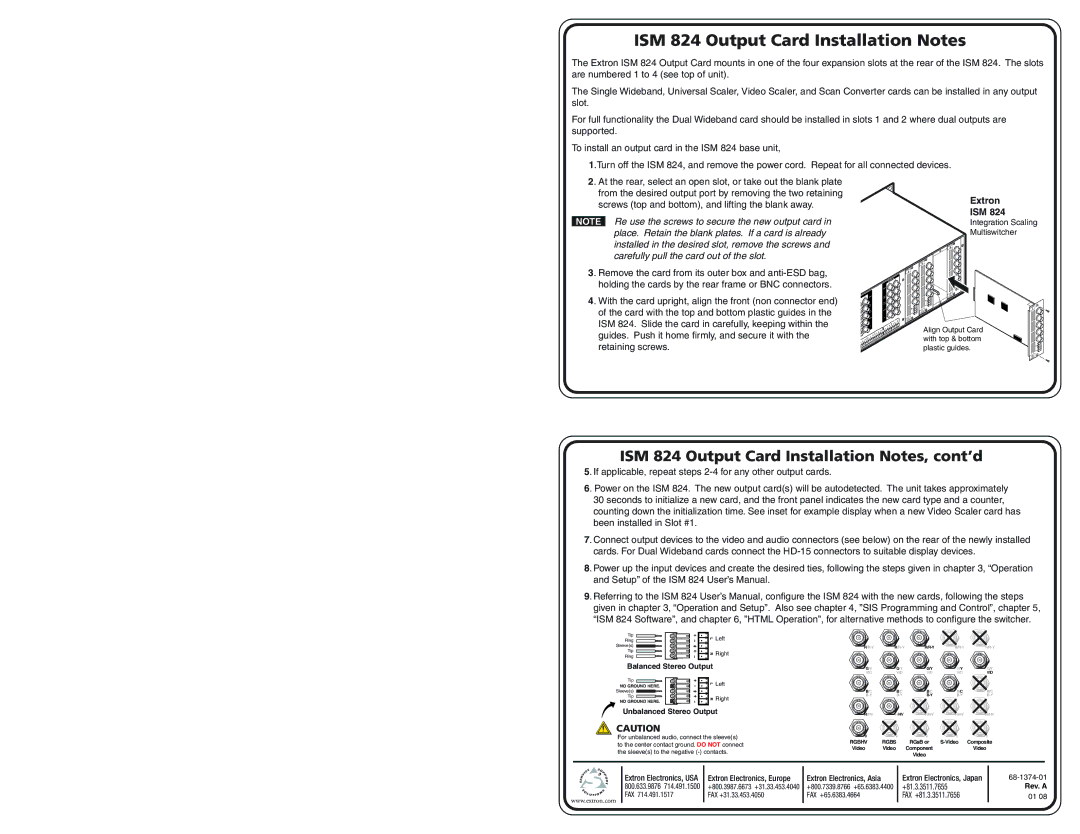 Extron electronic user manual ISM 824 Output Card Installation Notes, cont’d, Balanced Stereo Output, Rev. a 