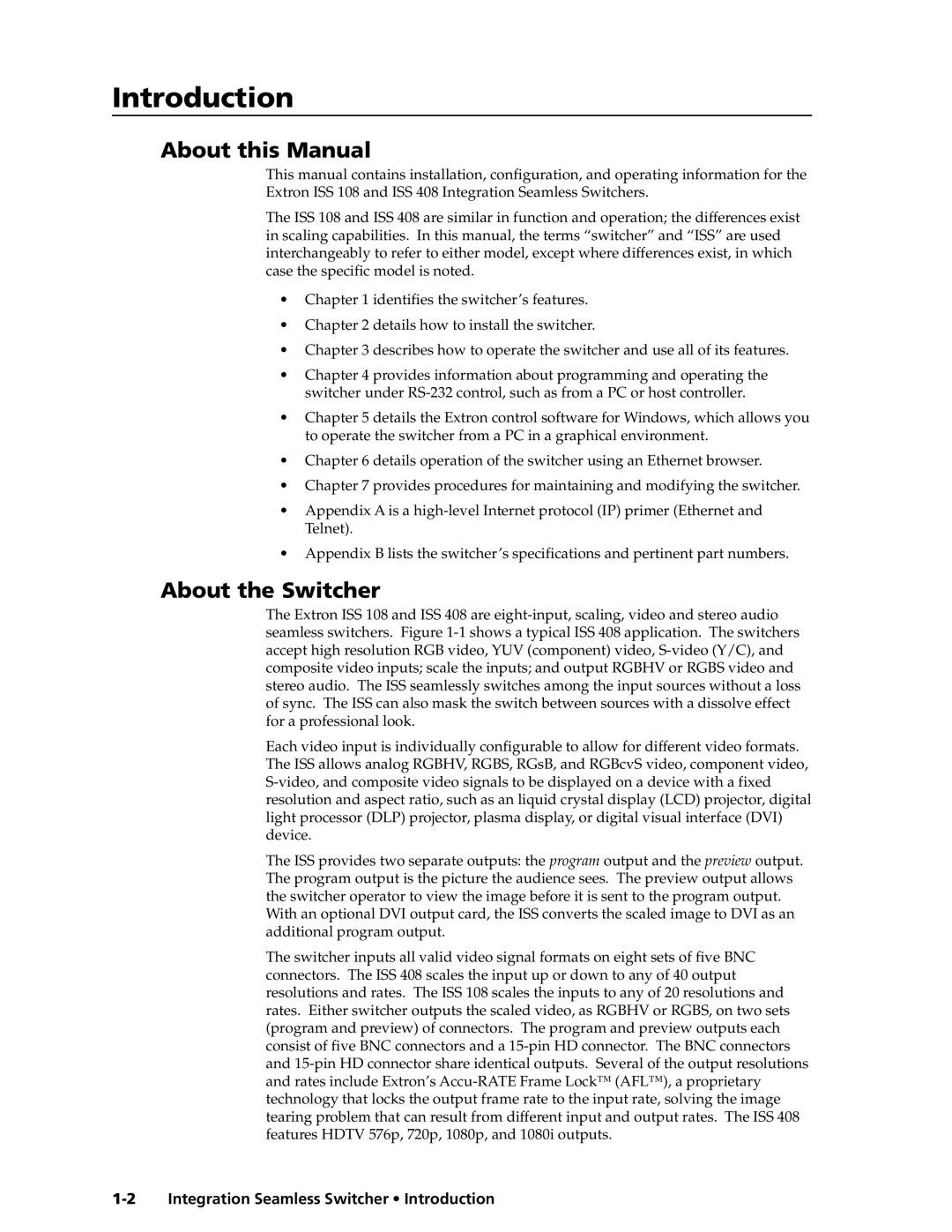 Extron electronic ISS 108, ISS 408 manual Introductiontroduction, cont’d, About this Manual, About the Switcher 