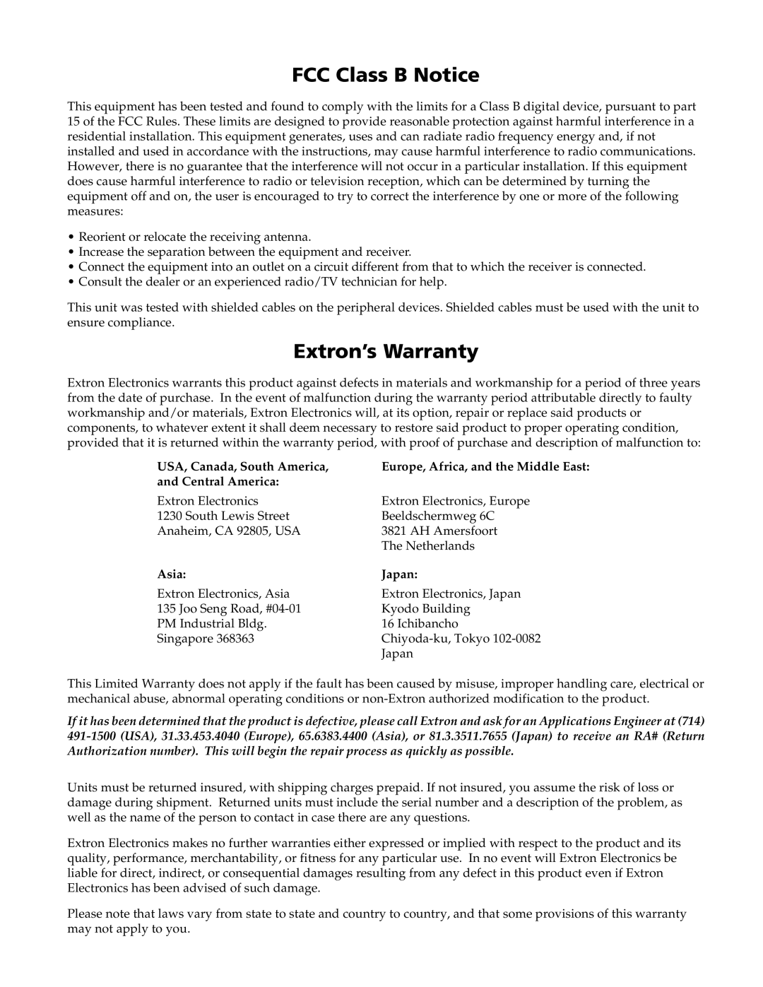 Extron electronic ISS 408, ISS 108 manual FCC Class B Notice 