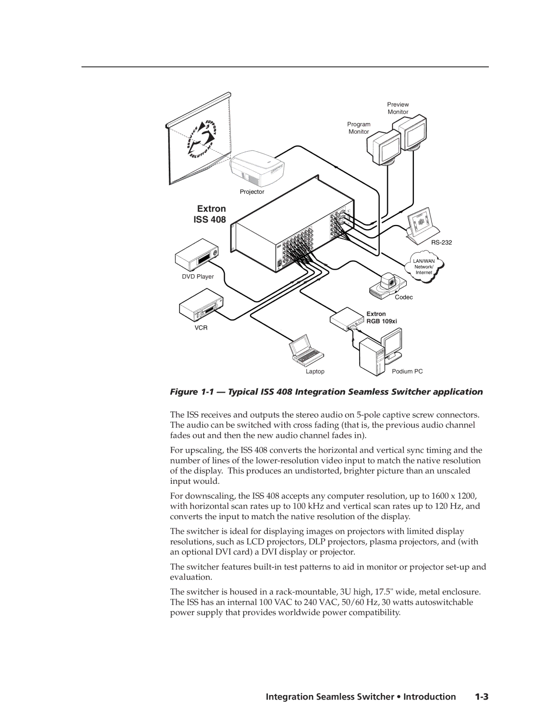 Extron electronic ISS 108 manual Typical ISS 408 Integration Seamless Switcher application 