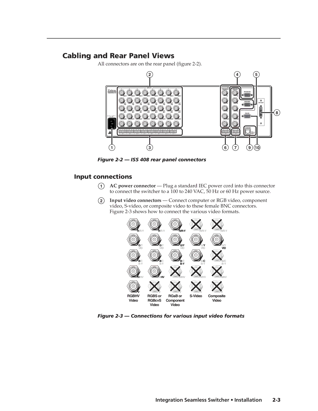 Extron electronic ISS 408, ISS 108 manual Cabling and Rear Panel Views, Input connections 