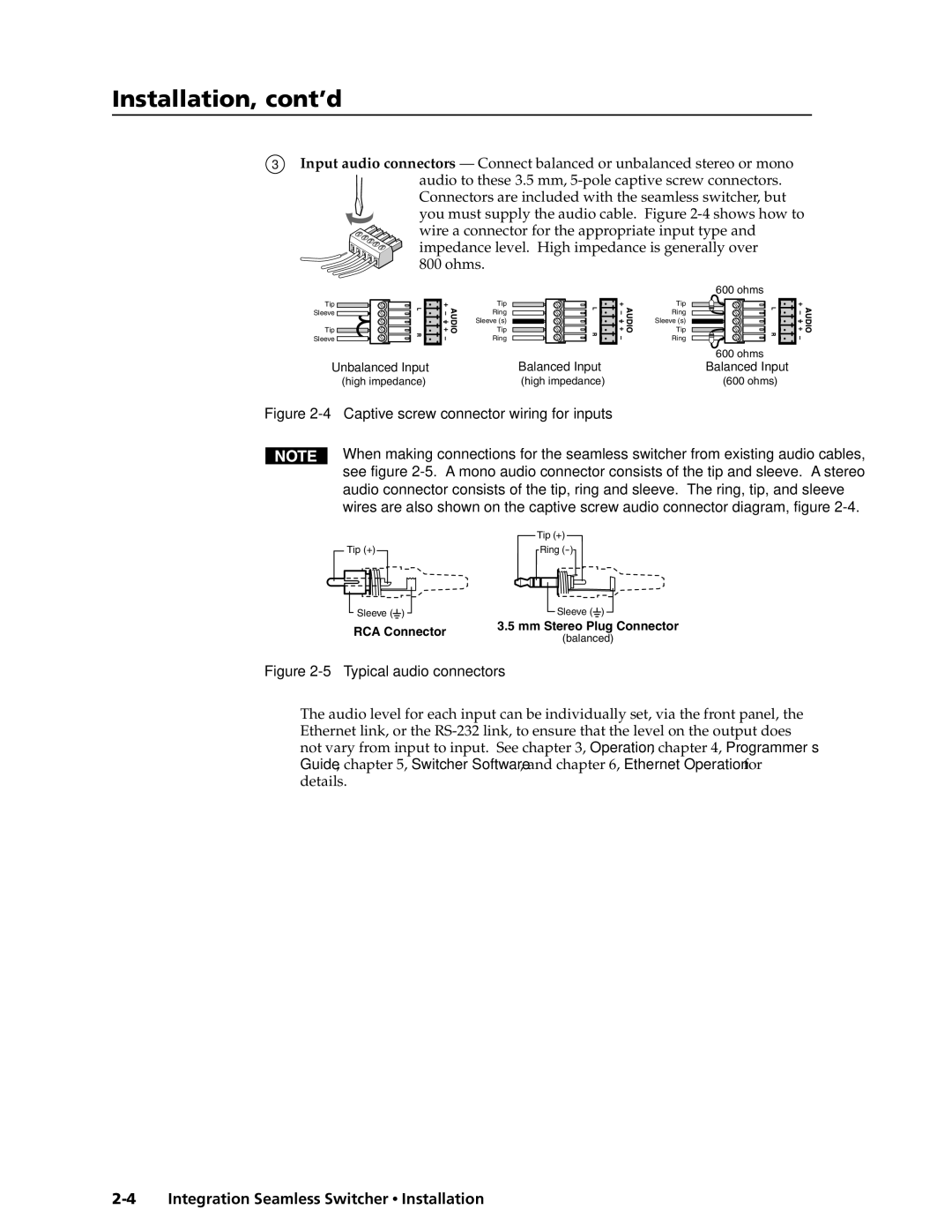 Extron electronic ISS 108, ISS 408 manual Installation, cont’d, Captive screw connector wiring for inputs 