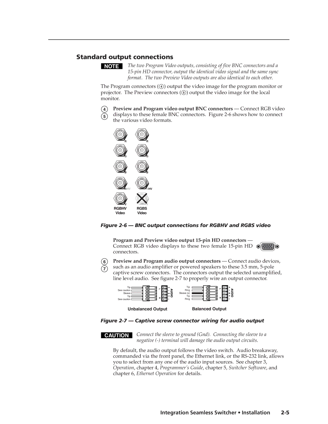 Extron electronic ISS 408, ISS 108 manual Standard output connections, BNC output connections for Rgbhv and Rgbs video 