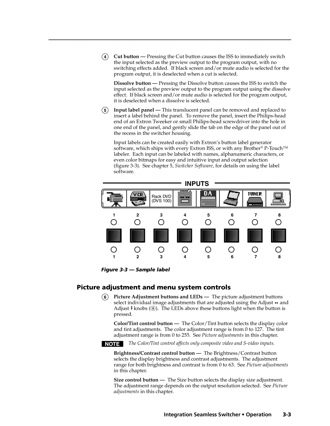 Extron electronic ISS 408, ISS 108 manual Inputs, Picture adjustment and menu system controls 