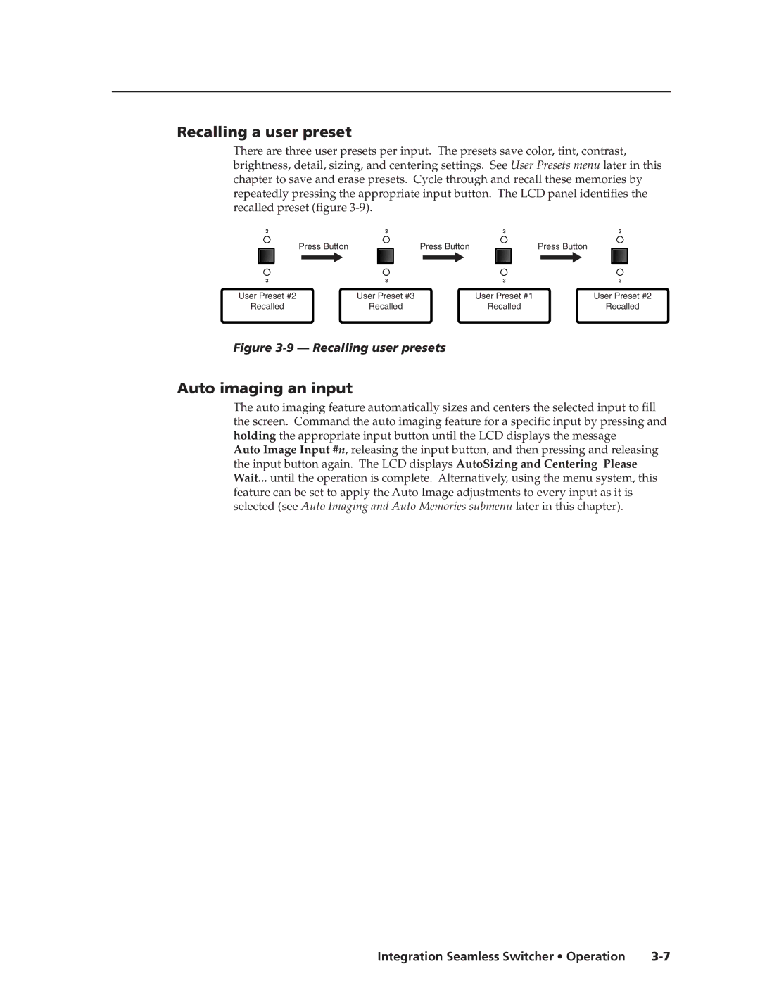 Extron electronic ISS 408, ISS 108 manual Recalling a user preset, Auto imaging an input 