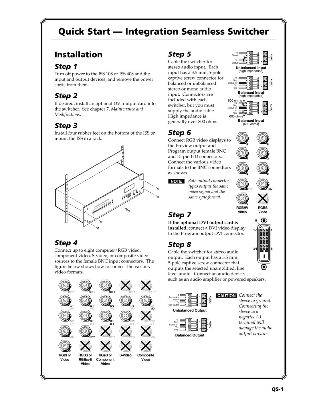 Extron electronic ISS 408, ISS 108 manual Quick Start Integration Seamless Switcher, QS-1 