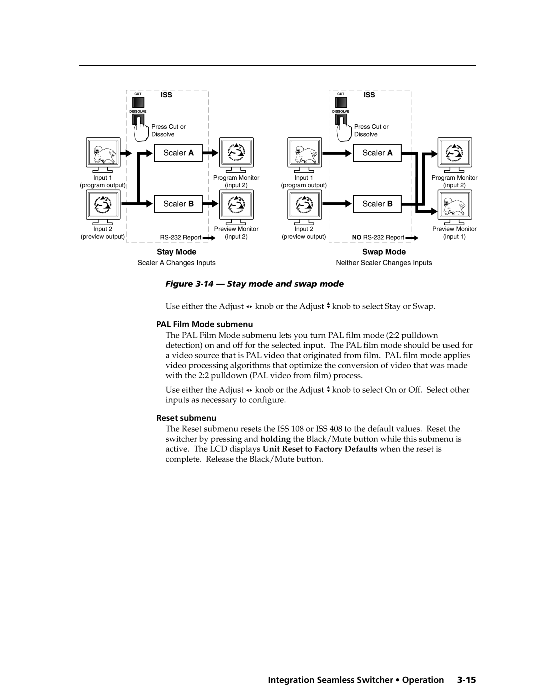 Extron electronic ISS 408, ISS 108 manual PAL Film Mode submenu, Reset submenu 