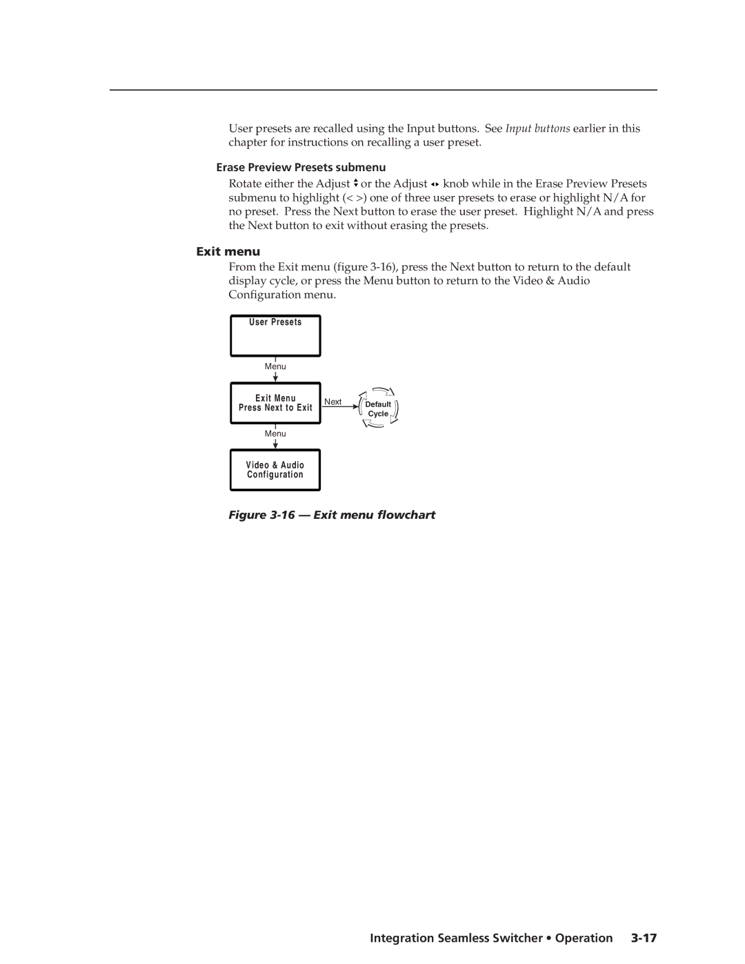 Extron electronic ISS 408, ISS 108 manual Erase Preview Presets submenu, Exit menu 