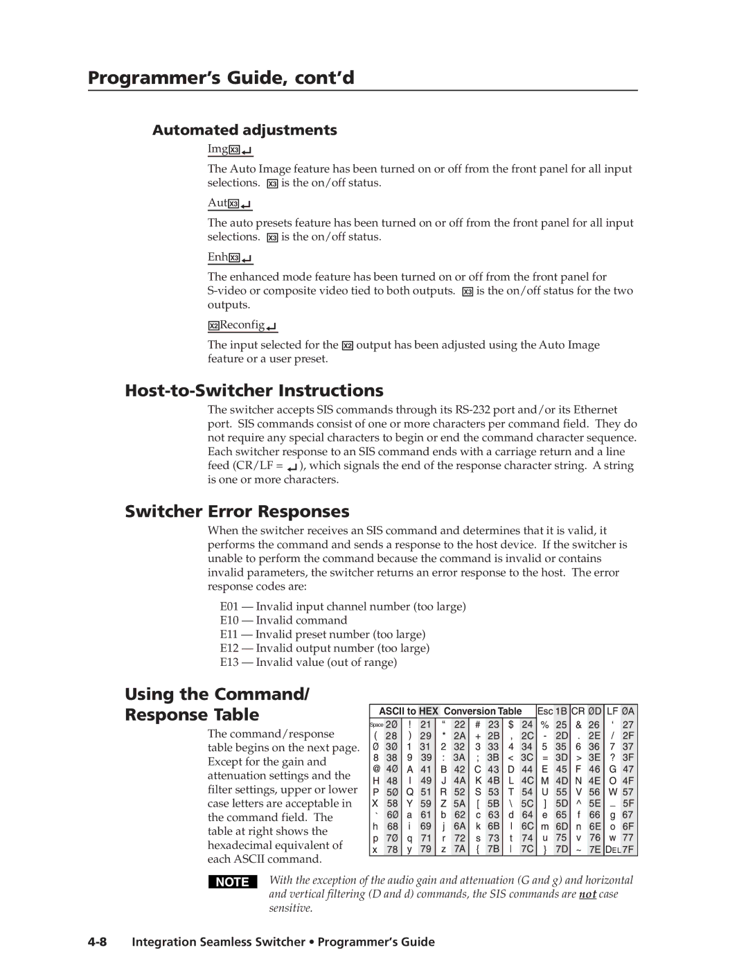 Extron electronic ISS 108 manual Host-to-Switcher Instructions, Switcher Error Responses, Using the Command/ Response Table 