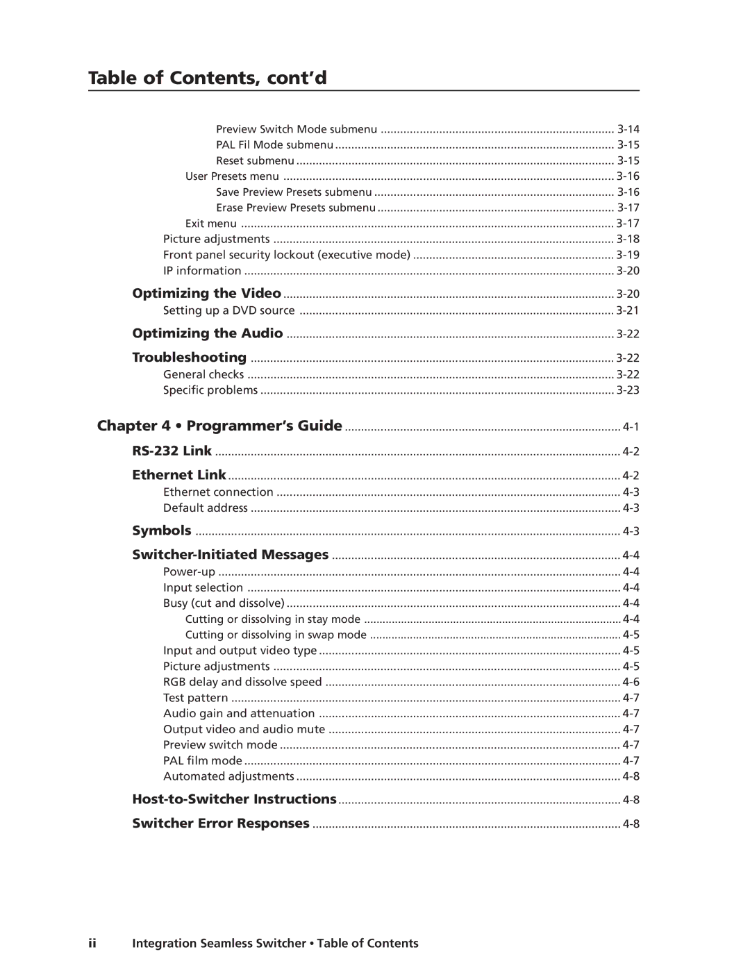 Extron electronic ISS 108, ISS 408 manual Table of Contents, cont’d 