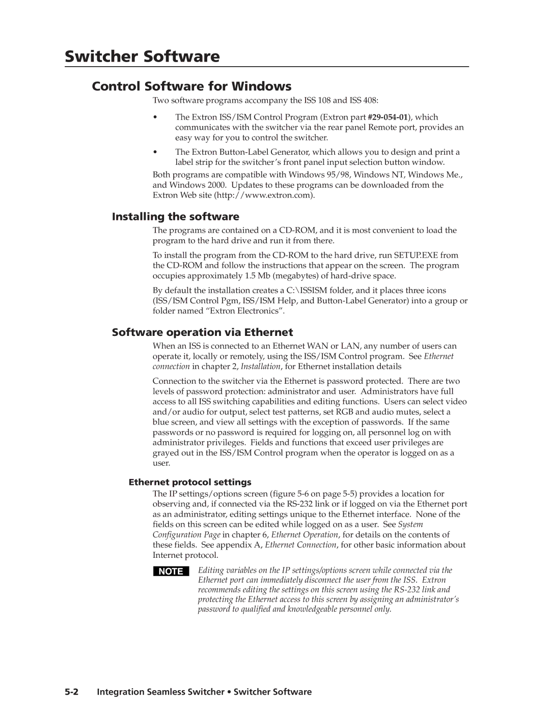 Extron electronic ISS 108, ISS 408 Control Software for Windows, Installing the software, Software operation via Ethernet 